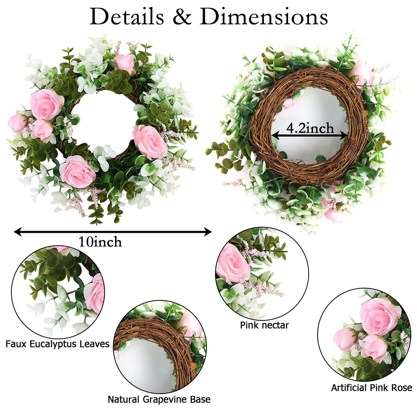 Acmee 4 Pcs Rose Candle Rings - Artificial Pink Floral Wreaths with Eucalyptus Leaves Greenery Garland for Pillar Candleholders Wedding Centerpiece Party Home Table Decor