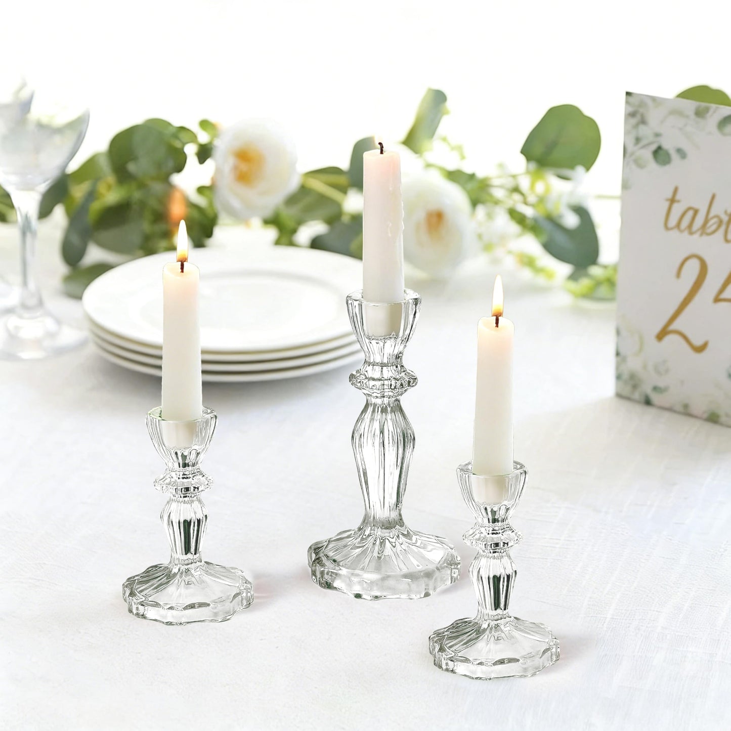 CHOCSTAY Glass Candlestick Holders Set of 6, Clear Stripe Taper Candle Holders for Table Centerpiece, Home Decorations, Wedding and Party