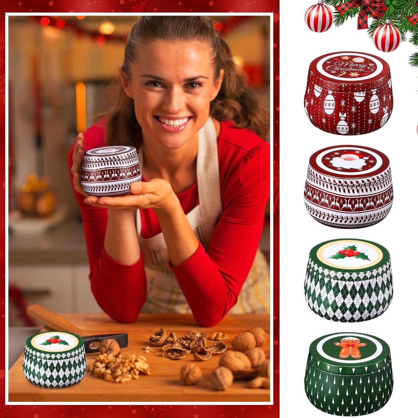 Yungyan Christmas Candle Tin Cans Set Metal Candles Tin Gifts Jars with Lids 8 oz Christmas Cookie Tins Candle Containers for Storing Biscuits Tea Party Favors(12 Pcs)