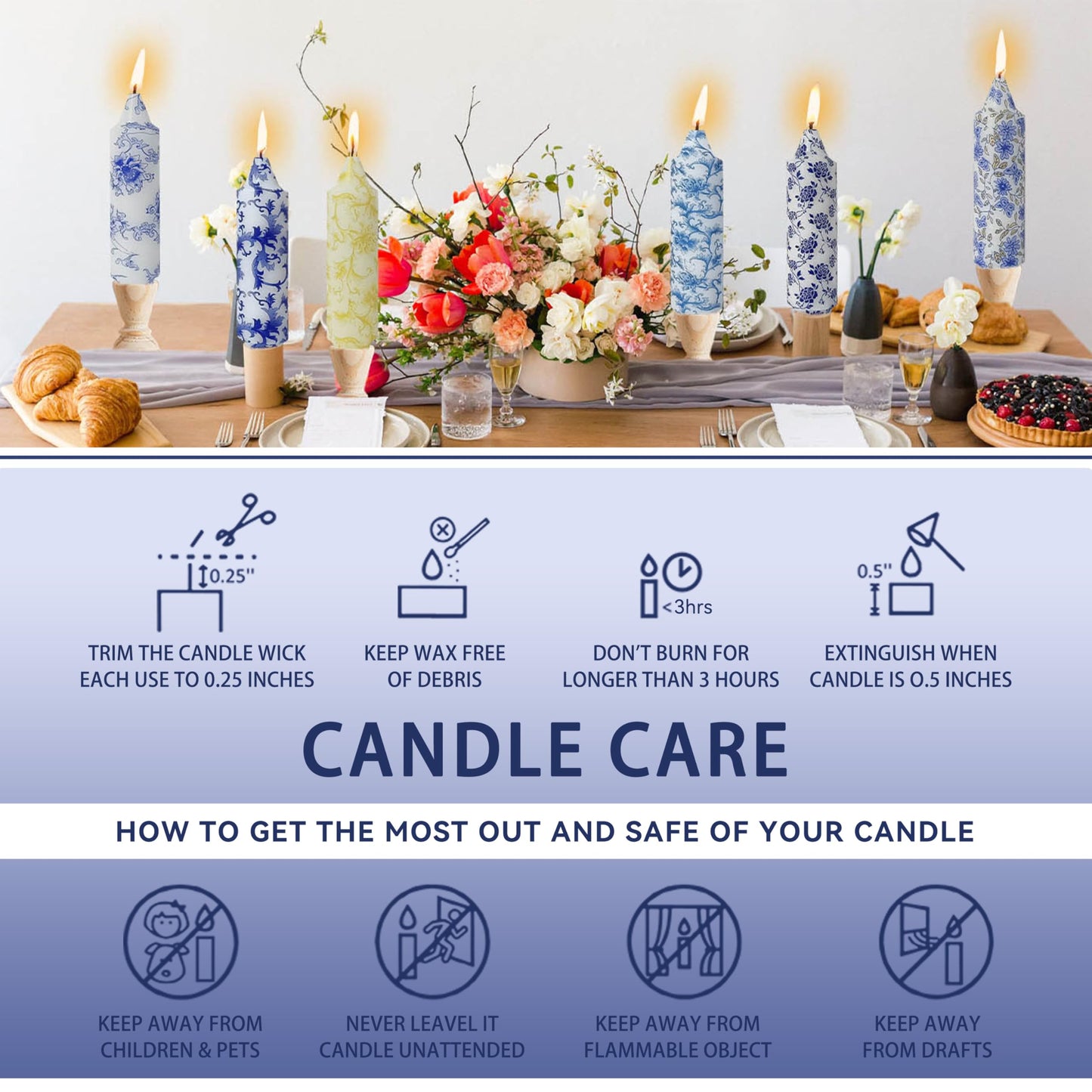 5 Inch Blue Flowers Chunky Taper Candles Short Handmade Blue and White Candle Sticks Smokeless Unscented Tapered Candles for Blue Wedding Present Spa Meditation Housewarming Home Decoration