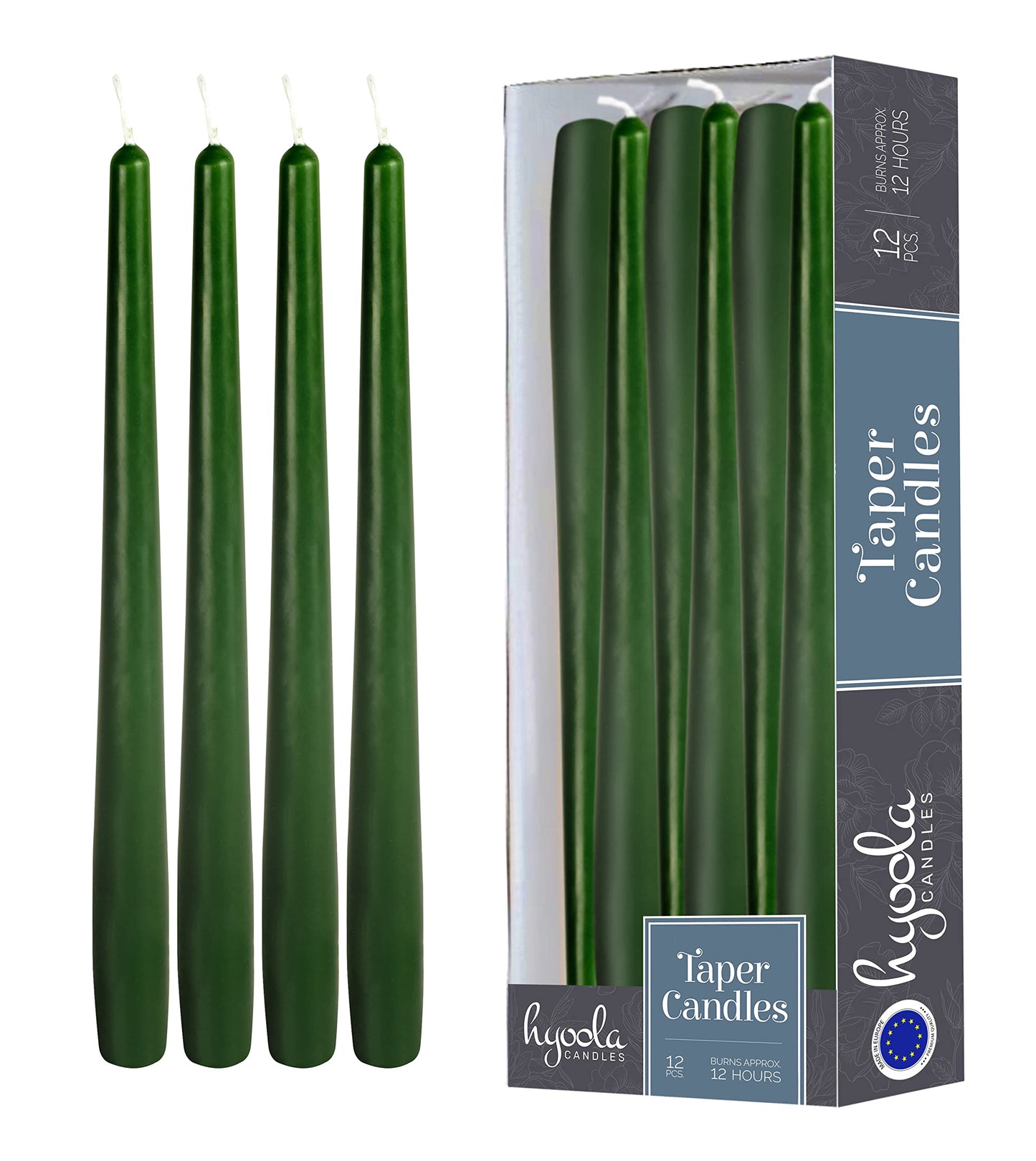 Hyoola 12 Pack Tall Taper Candles - 14 Inch Hunter Green Dripless, Unscented Dinner Candle - Paraffin Wax with Cotton Wicks - 12 Hour Burn Time