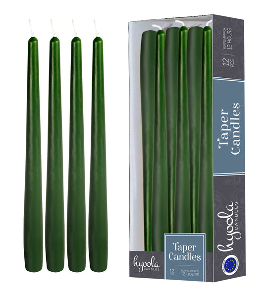 Hyoola 12 Pack Tall Taper Candles - 14 Inch Hunter Green Dripless, Unscented Dinner Candle - Paraffin Wax with Cotton Wicks - 12 Hour Burn Time