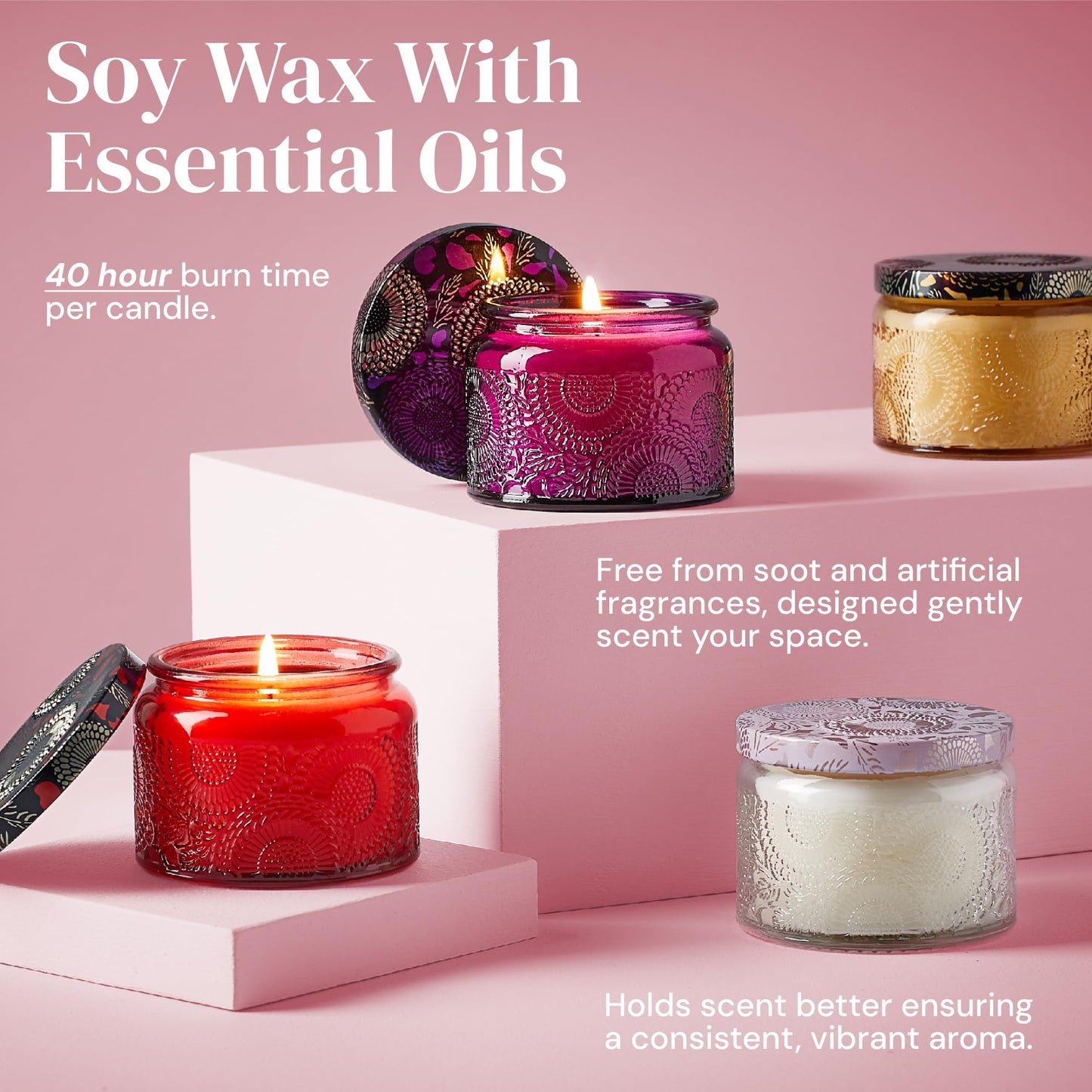 ADELEGOURDAIN Aromatherapy Scented Gift Set - 4 Soy Wax Candles & 2 Fragrance Sachets - Calming Jasmine, Bergamot, Berry & Breeze Scents in Glass Jars - Home, Bath & Relaxation Mother's Day Presents