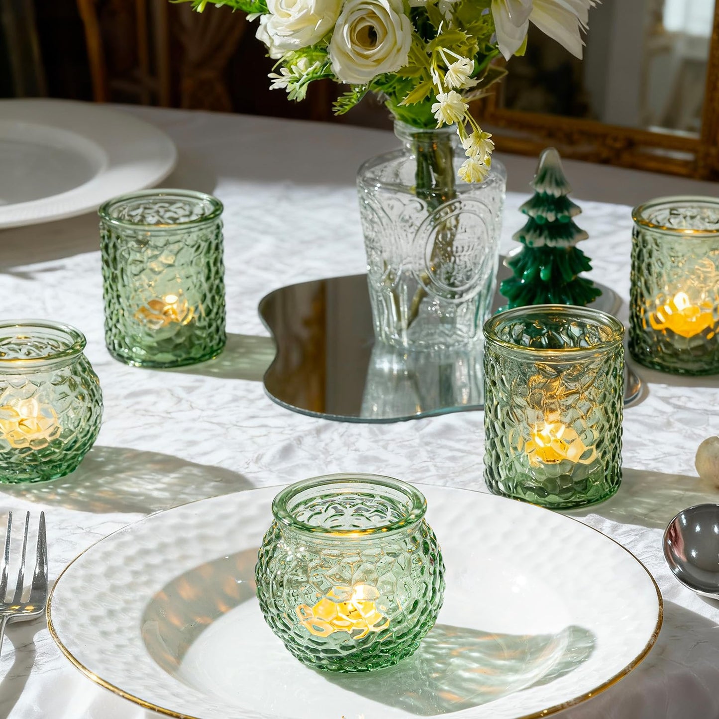 24-Piece Green Glass Votive Candle Holders Set – Tealight Candle Holder Glass Bulk with 12 Round & 12 Hammered Textured Cups, Green Votive Candle Holders for Weddings, Parties, Home