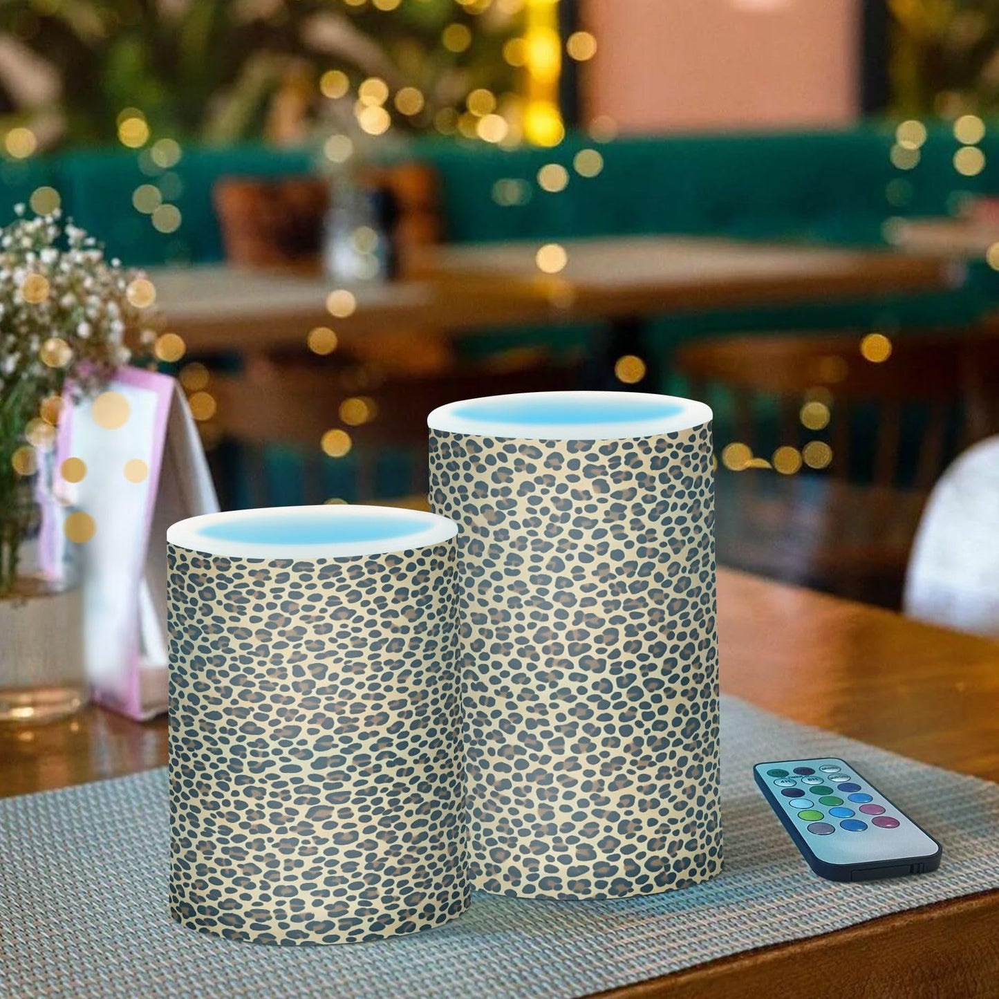 panksolu Flickering Flameless Candles, Brown Leopard Print LED Candles with Remote Timer, Battery Operated Candle for Wedding Halloween Christmas Decor - Set of 2