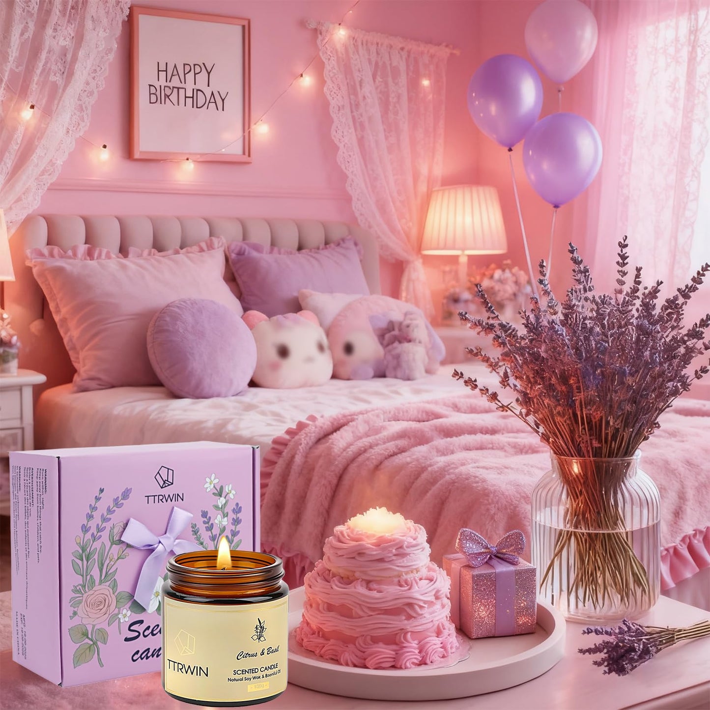 TTRWIN Scented Candles Gift Set, 4 Pick Natural Soy Candles: British pear & Freesia, Rose & Amber, Lavender & Rosemary, Citrus & Basil, Birthday Gifts for Women, Gifts for Mother's Day