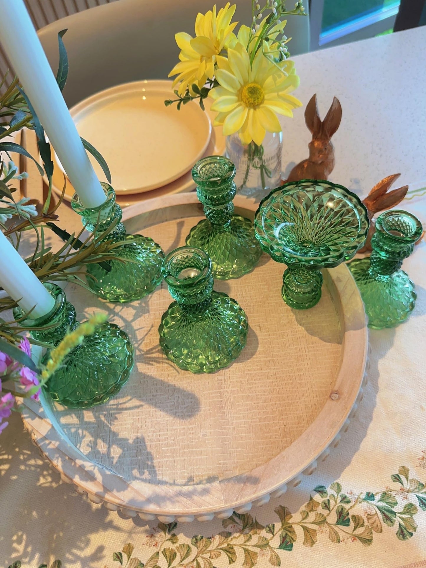 ECHFSM Glass Candlestick Holder,Striped Taper Candle Holders,Set of 6 Candle Stand for Table Centerpieces, Home Decor,Weddings,Festival and Parties (Green Dimond Pattern)