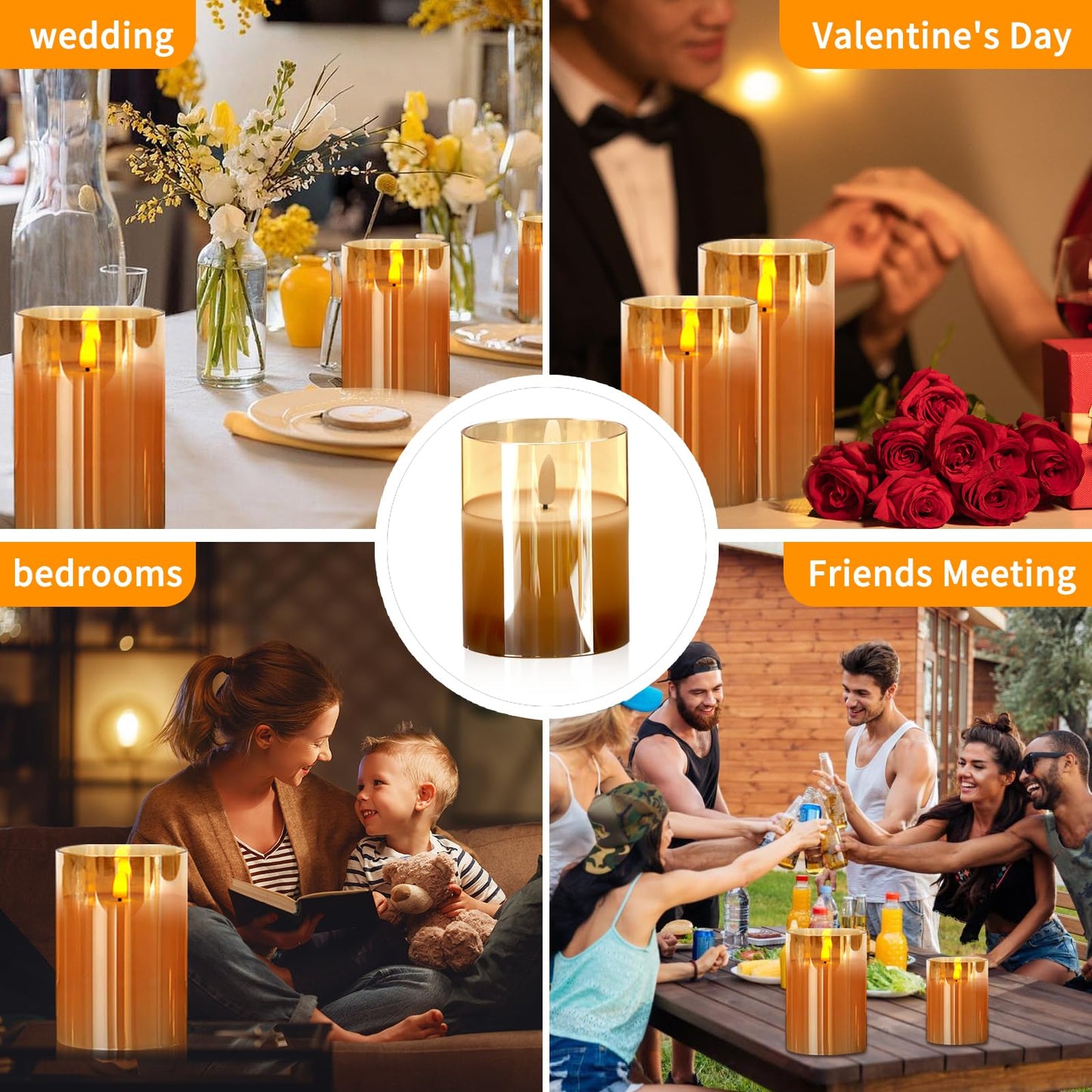 Flameless Candles, Battery Operated Led Flickering Flameless Candles 3 Pack with Star String Lights, Brown Glass Timer & Remote, Flickering Safe for Wedding Home Party Decor
