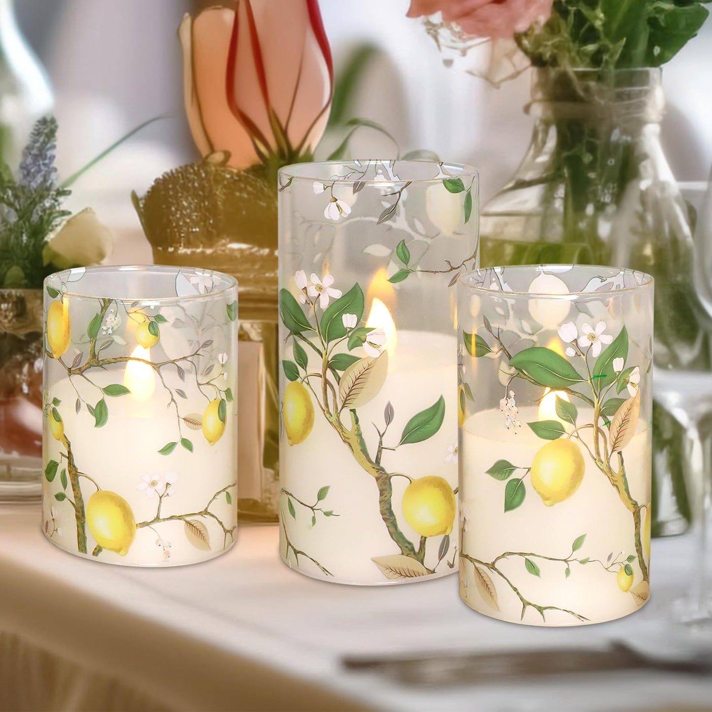 Silverstro Flameless LED Candles with Remote Lemon Decal Glass Flickering Battery Operated Candles for Home Room Party Wedding Holiday Christmas Valentine's Day Decor - Set of 3
