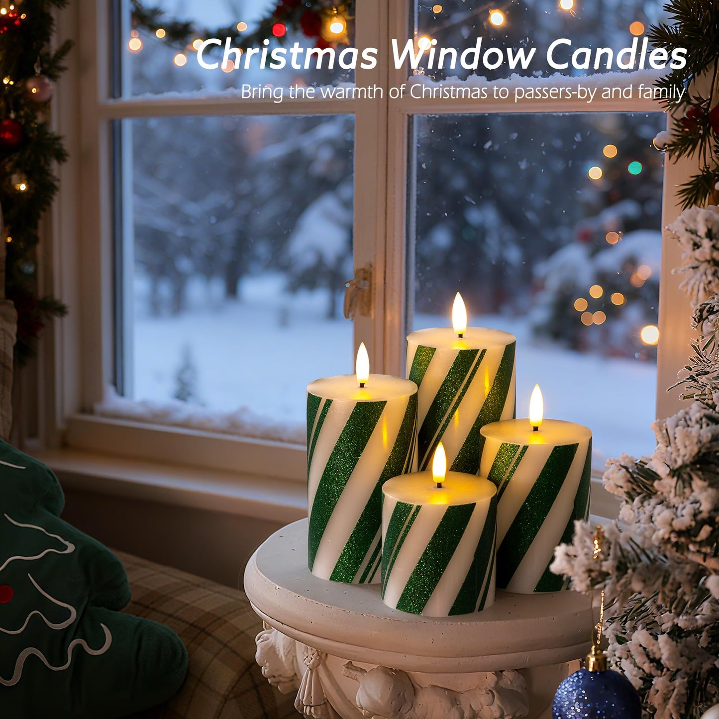 JOIONE Green Striped Flameless Pillar Candles with Remote Set of 4, Battery Operated Real Wax LED Candy Cane Candles, Perfect for Christmas Window, Dinner & Holiday Xmas Decor