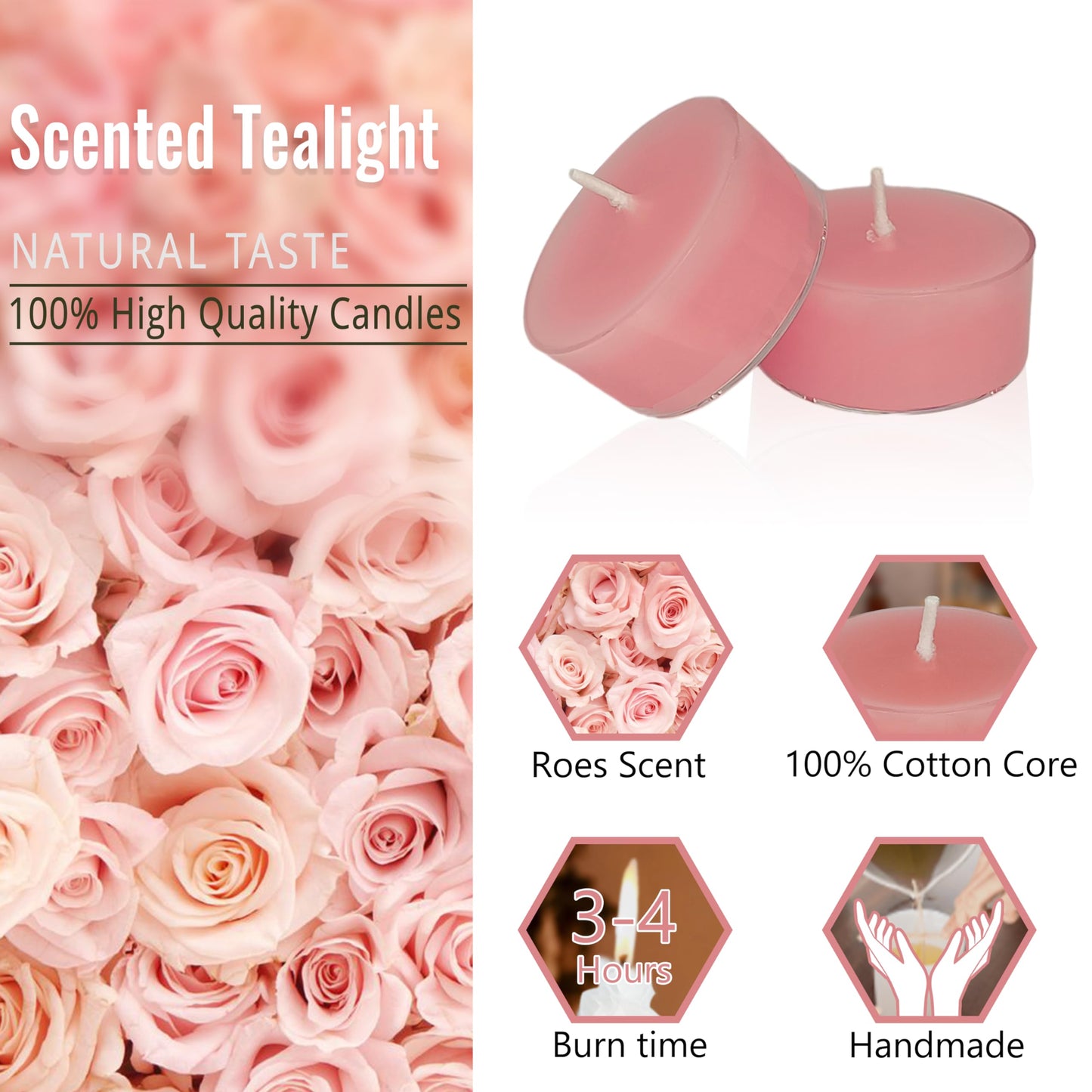 Pink Candles Tea Lights Smokeless Rose Scent Tealight Candles Handmade Tealights Set of 24 Long Burning for Wedding Meditation Dinner Home Decor