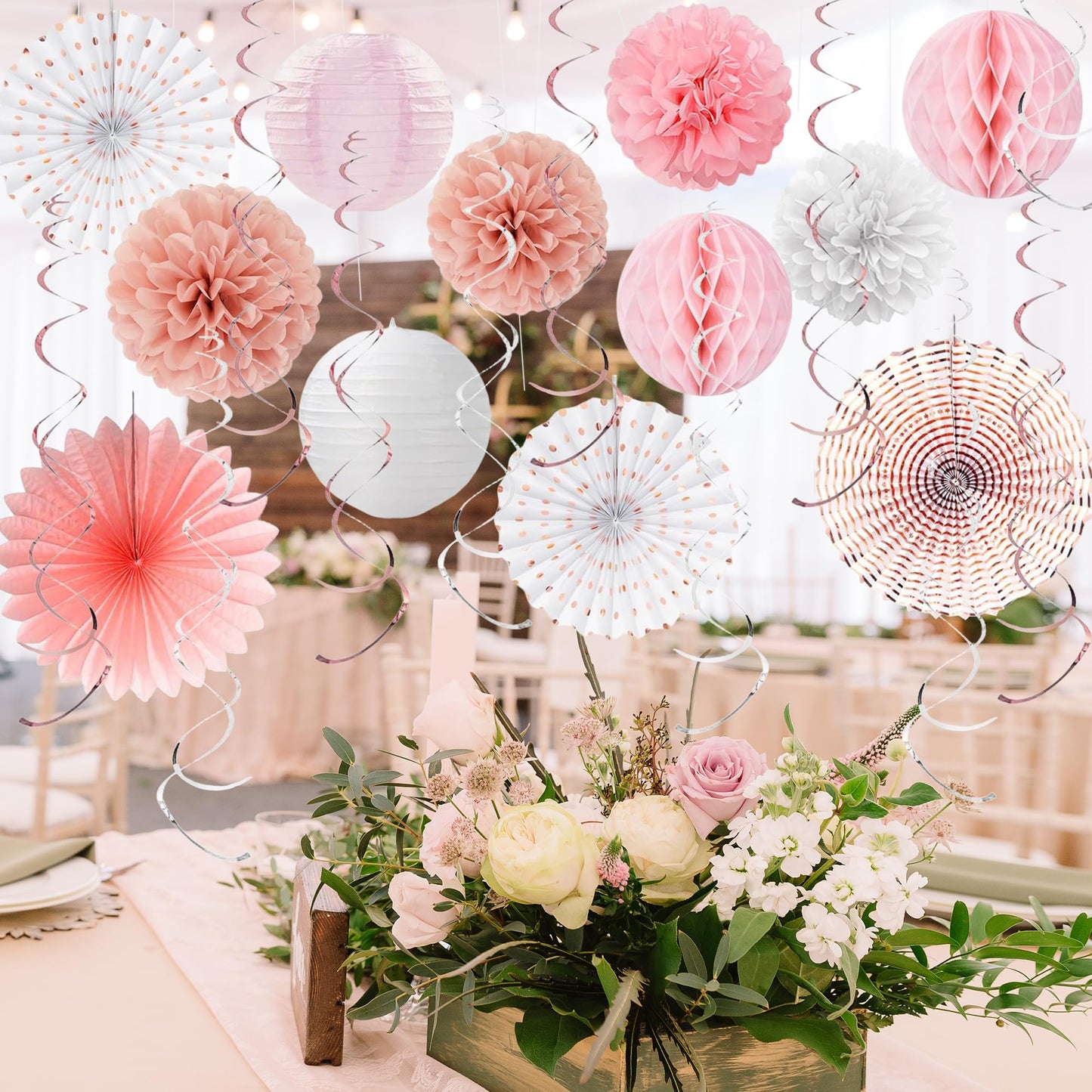 Vlipoeasn Pink White Rose Gold 18th Birthday Decorations, 18th Birthday Paper Lanterns, Tissue Pom Poms Fan,Honeycomb Ball, Happy 18 Year Old Party Supplies for Girls