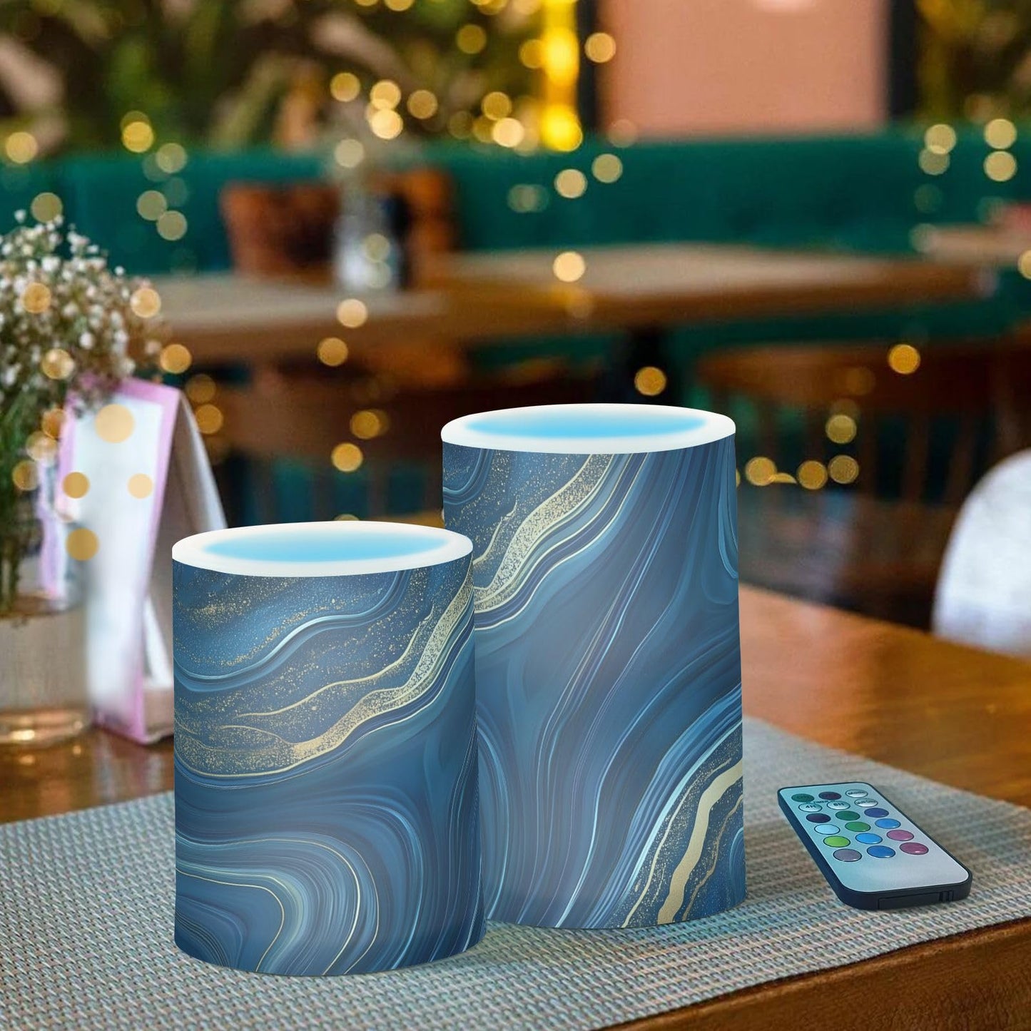 Navy Golden Marble Flickering Flameless Candles LED Battery Operated with Remote Timer Pillar Candles for Home Birthday Wedding Christmas Decor, Set of 2