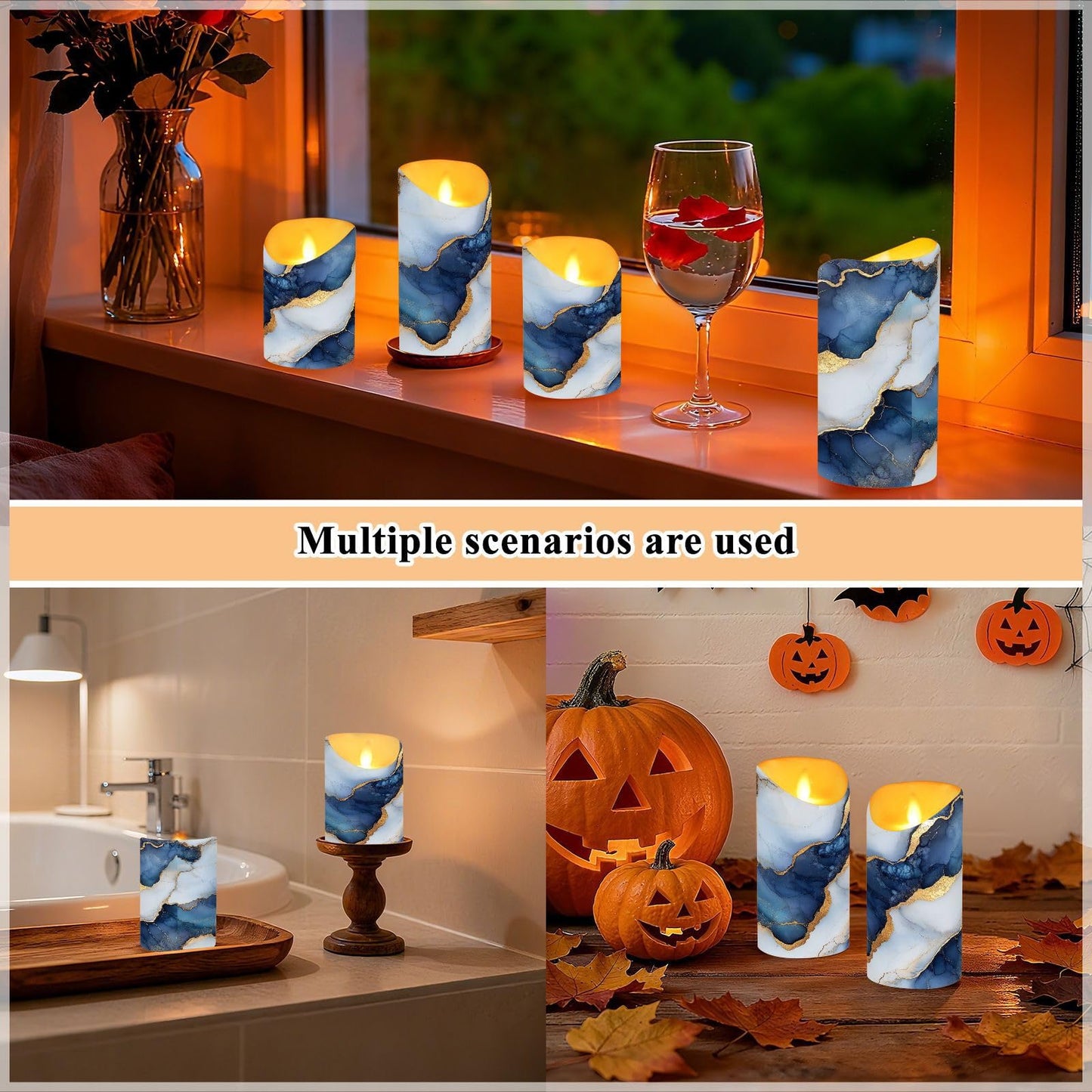 famyily Pillar Flameless Candles Set of 2 Battery Operated Candles for Living Room 5.9x3in - Marble White Navy Blue