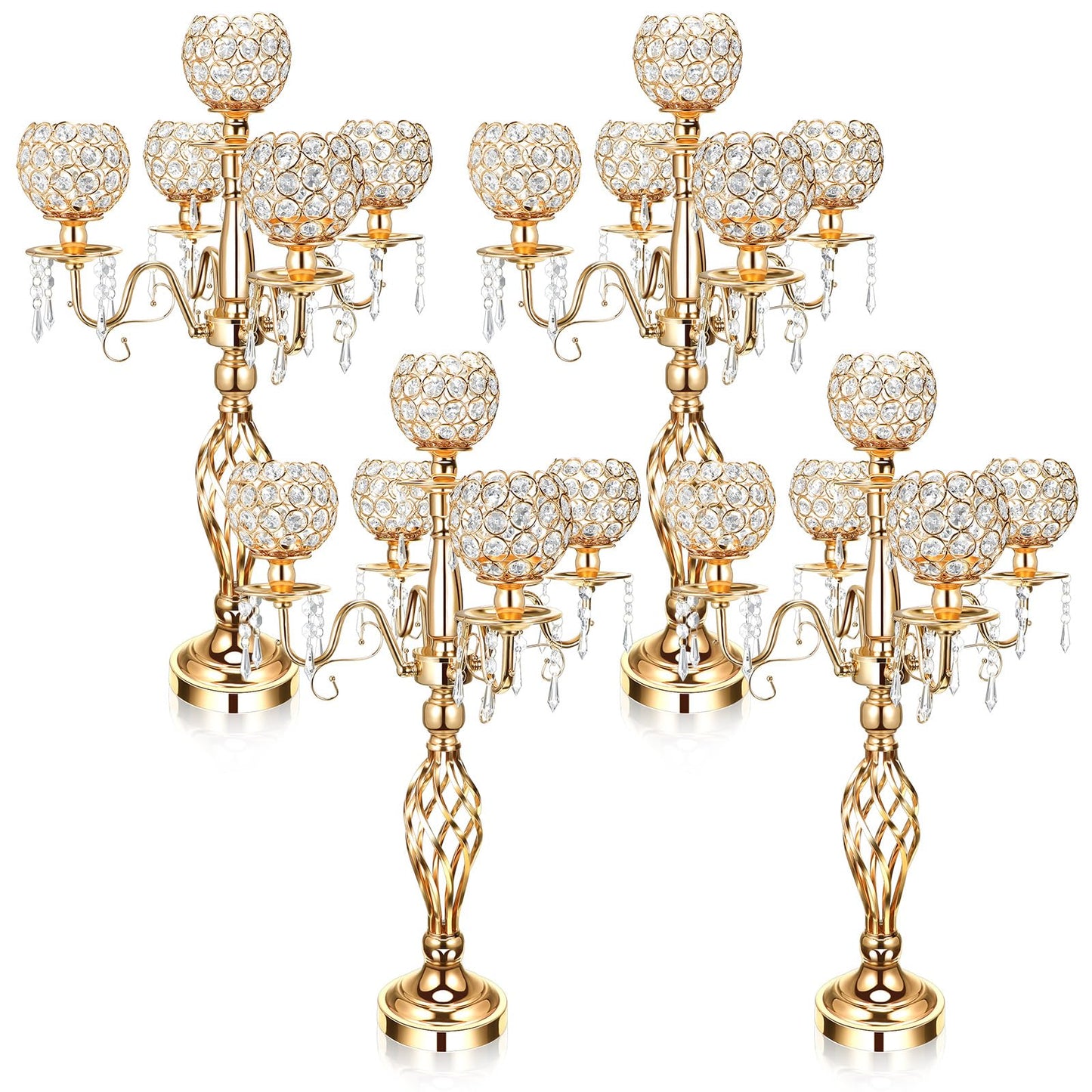 Nitial 4 Pcs 5 Arm Crystal Candelabra Centerpieces for Table 27 Inch Retro Victorian Crystal Candle Holders Bowl Table Centerpieces Decor for Wedding Banquet Valentine Dinner Party Event (Gold)