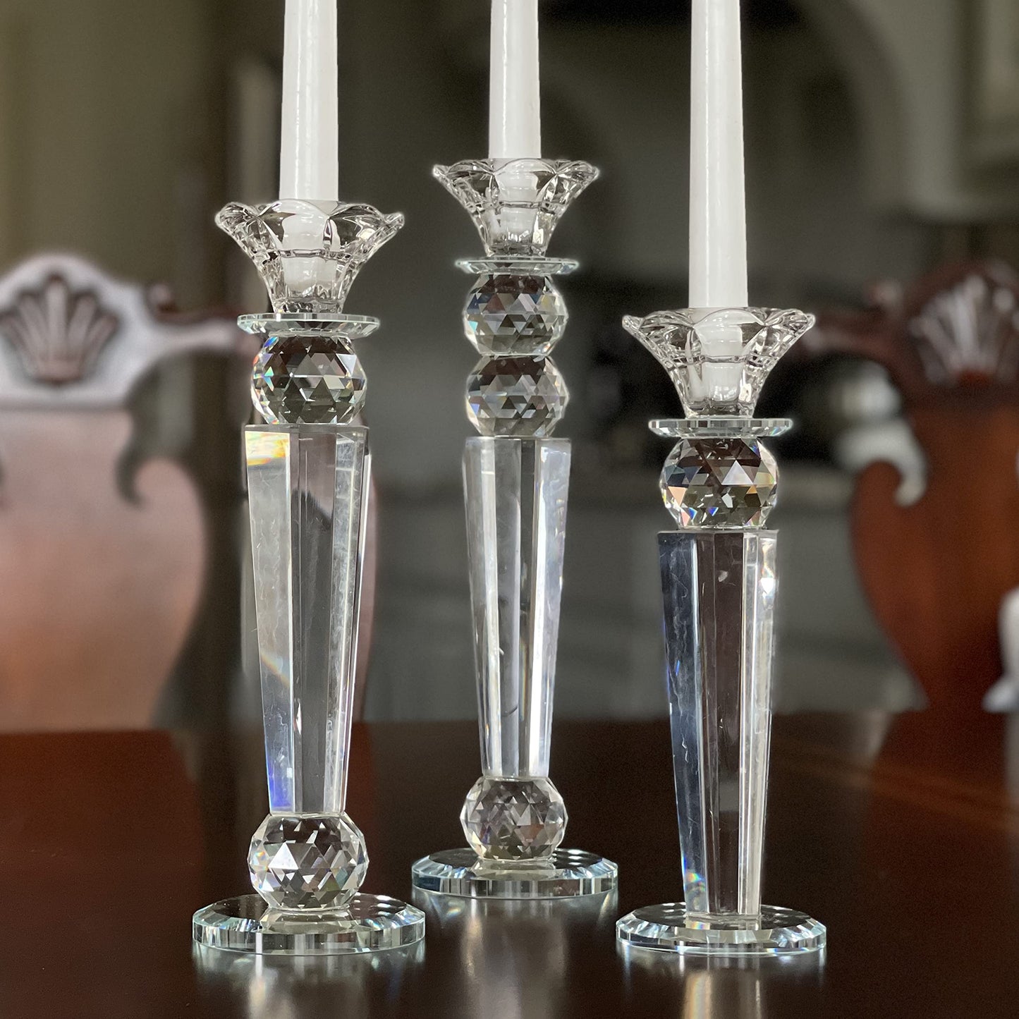 Allgala Set of 3 Crystal Glass Made Reverse Tapered Pillar and Hand Crafted Ball Candlesticks - 8.5,10,11 Inches -HD89154