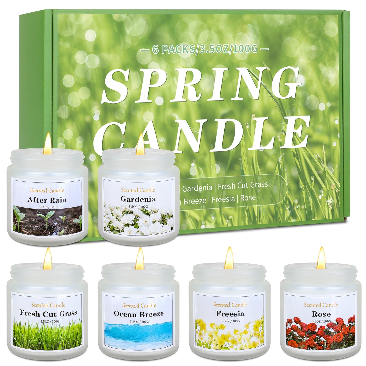Spring Summer Scented Candles, 6 Pack Soy Wax Candles for Home Scented, 21 oz Aromatherapy Candle Gift Set for Women & Men, Freesia/Rose/After Rain/Gardenia/Fresh Cut Grass/Ocean Breeze