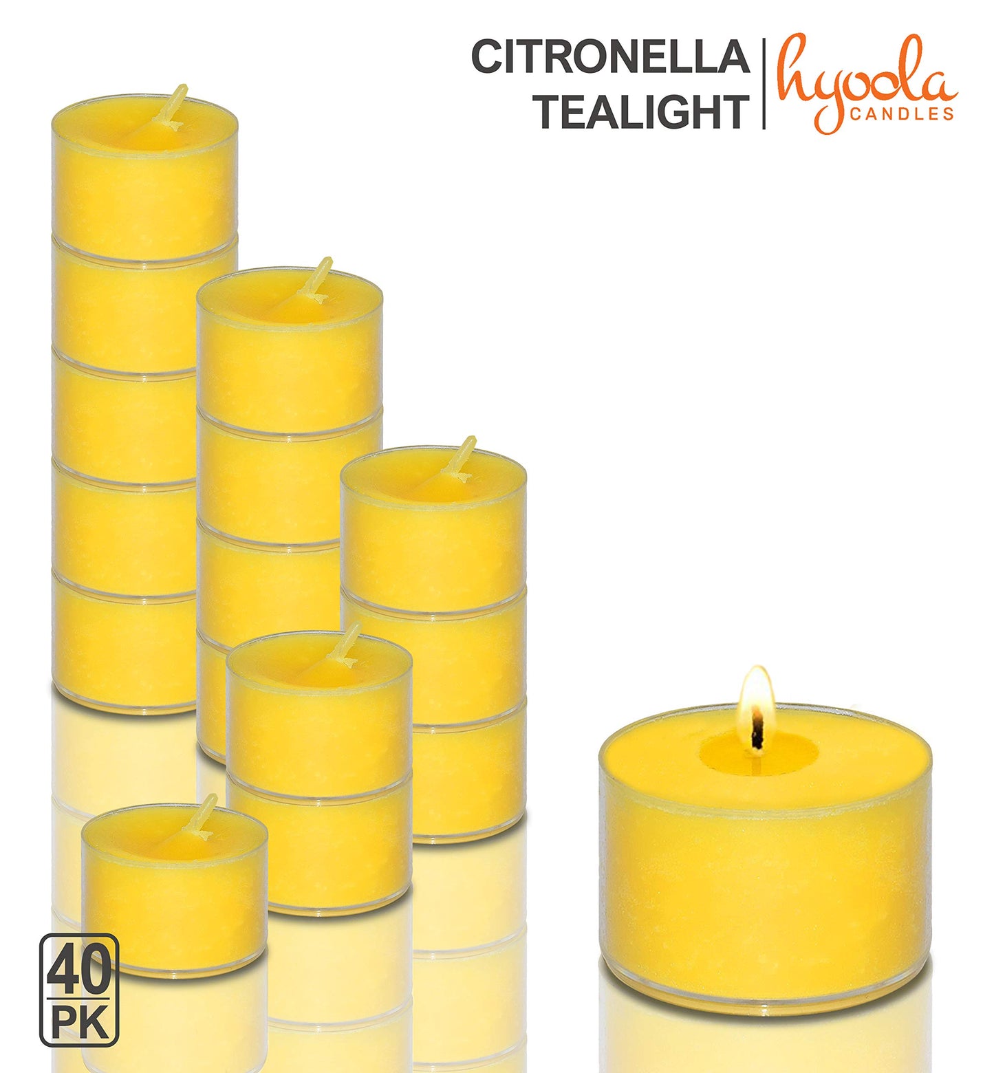 Hyoola Tealight Citronella Candles Outdoor, 8 Hour Burn Time, Indoor and Outdoor Mosquito, Insect and Bug Repellent Citronella Candle, Natural Fresh Scent, Decorative in Clear Cup (Pack of 40)