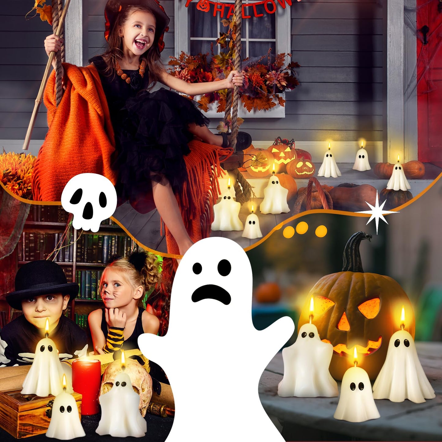 Conelist 6 Pieces Halloween Large Ghost Candles White Spooky Scented Halloween Candles Horror Gifts Candle Tea Lights Goth Room Decor for Summer Dining Table Party Bedroom(Classic Style,White)
