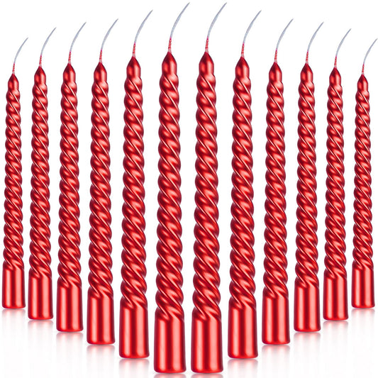 BBTO 12 Pcs Christmas Advent Spiral Candle Unscented Metallic Taper Candles Dripless Twist Candles Metallic Dinner Birthday Candle for Home Birthday Wedding Party Holiday Decor(8 Inch,Red)