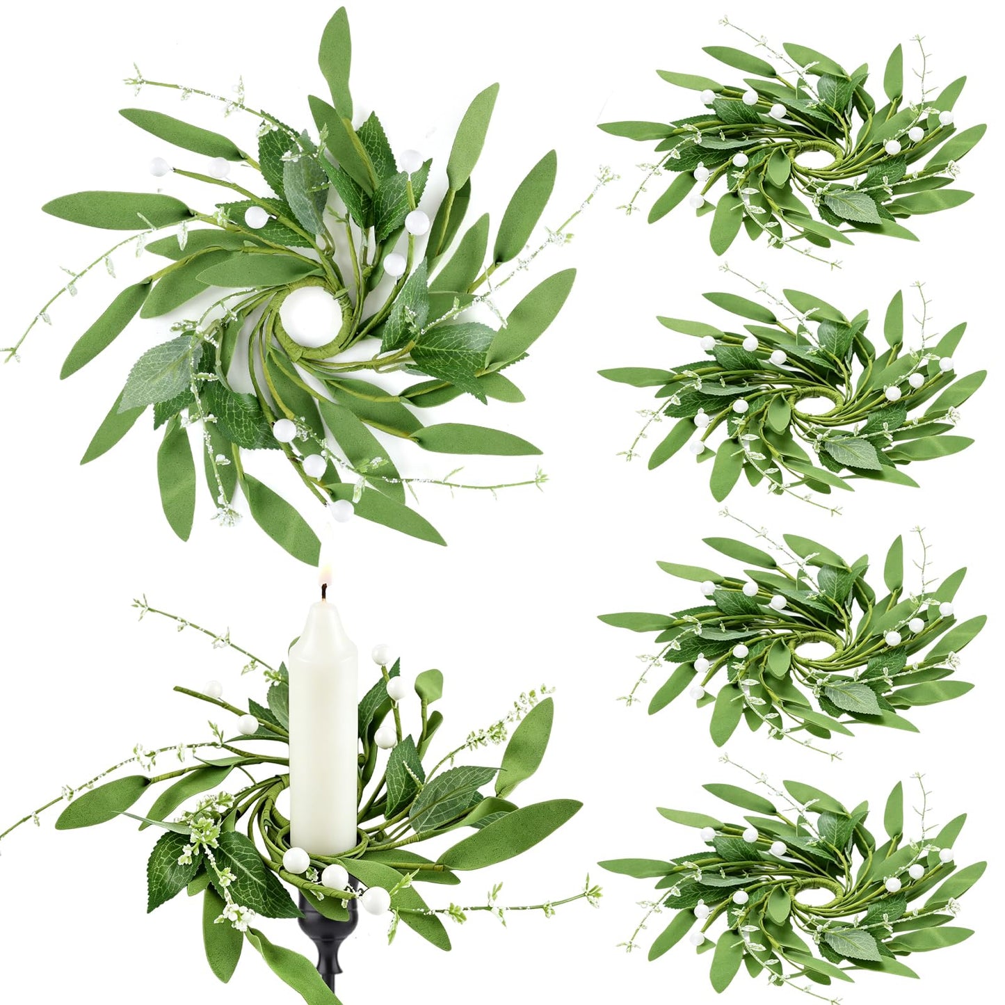 6 PCS 1.38" Mini Spring Summer Taper Candle Ring Mini Green Eucalyptus Candle Rings for Tapers Small Artificial Greenery Candle Holder Wreaths for Table Centerpieces Home Farmhouse Candlesticks Decor