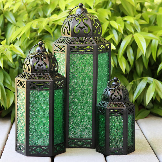VELA LANTERNS Set of 3 Green Glass & Black Metal Moroccan Candle Lantern Holders (XL, Large, Small) - Decorative Indoor/Outdoor Decor for Patio, Floor, Weddings & Ramadan