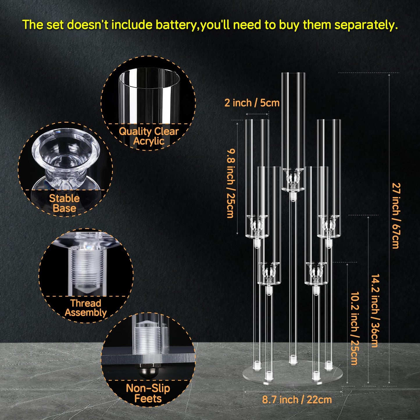 2Pcs 26.8'' Acrylic Candelabra Centerpieces for Wedding Table Decorations,Clear 5 Arms Candlesticks Holder with Acrylic Shade for Candlelight Dinner Party Fireplace Gift with LED Candle