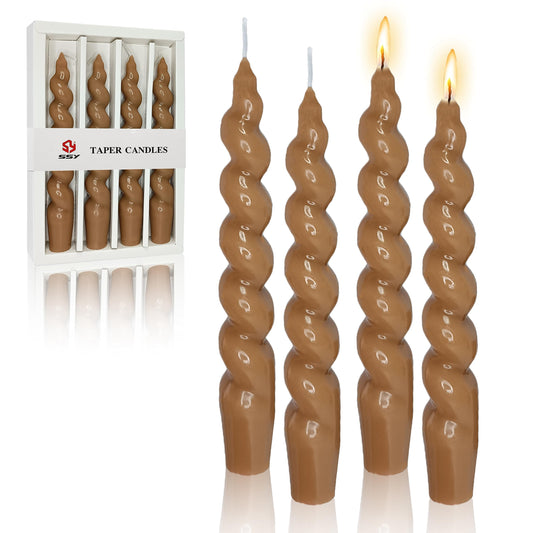 7.5 Inches Spiral Taper Candles Colorful Twisted Candle Dripless Long Candles, Handmade Candlesticks for Wedding Dinner Decor, Set of 4(Brown)