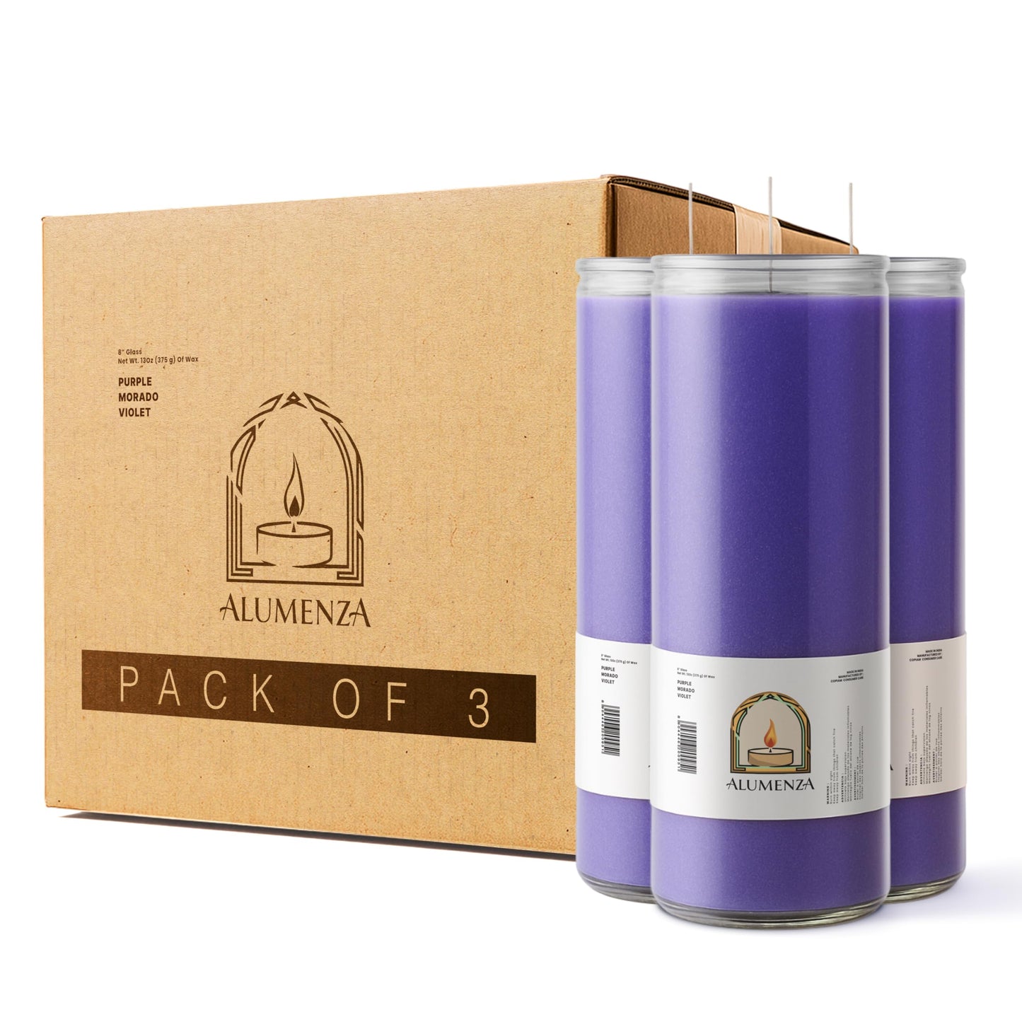 Alumenza Bulk 3 Pack Purple 7 Day Candles in Glass Jar – Paraffin Wax, Clean Burning Unscented | Large & Tall Devotional Prayer Pillar Candles for Home, Memorial, Spells, Long Lasting