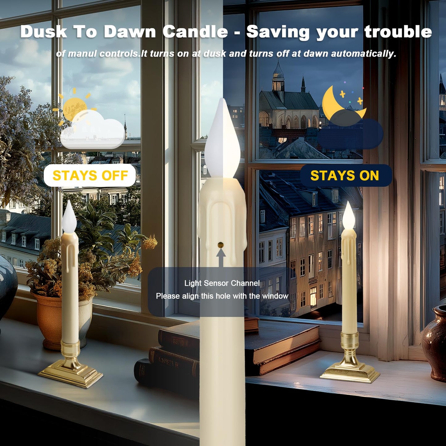Meigic 6 Pcs Sensor Dawn to Dusk Window Candles, Flickering Battery Candles for Windows, Ultra Bright Fake Candle Lights with Gold Holders, Led Candlesticks for Xmas Home Decor, White Light