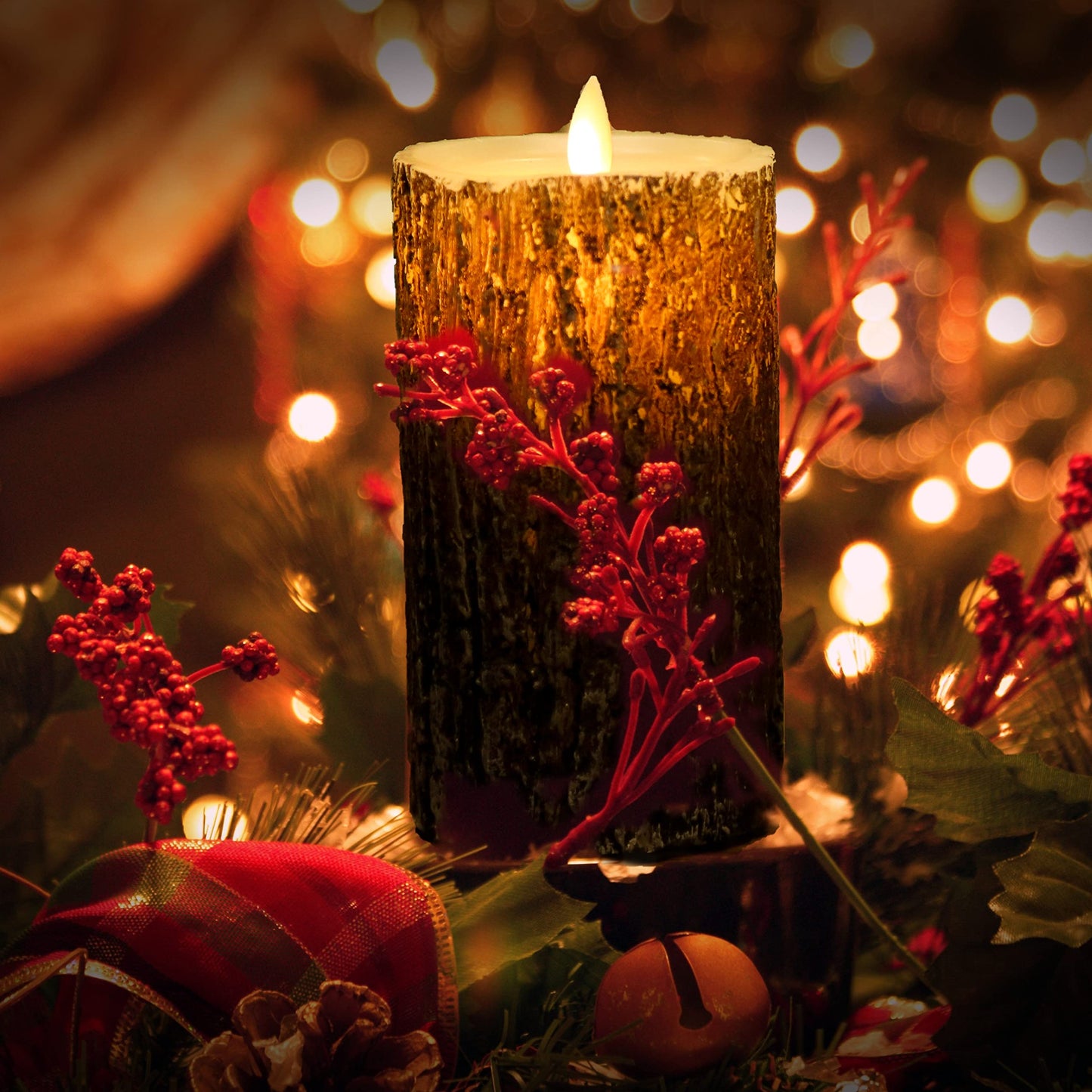NICEME LED Pine Bark Flameless Candles with Remote Timer Set of 3 Real Wax Battery Operated Candles Flickering Moving Wick Electric Decorative Pillar Bark Candles, D3 x H4 5" 6"