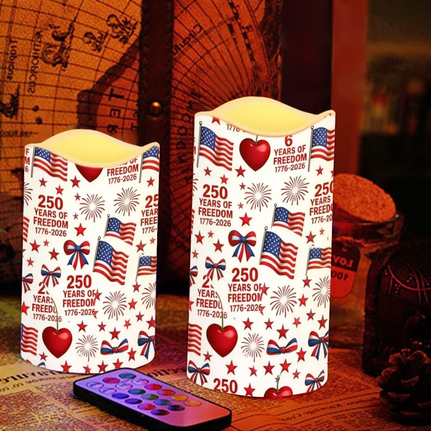 Uorisanigo Patriotic American Flag Electric Flameless Candles Set of 4 Independence Day 250th Anniversary Battery Operated LED Candles 1776-2026 Fake Candles 4th of July Home Decoration
