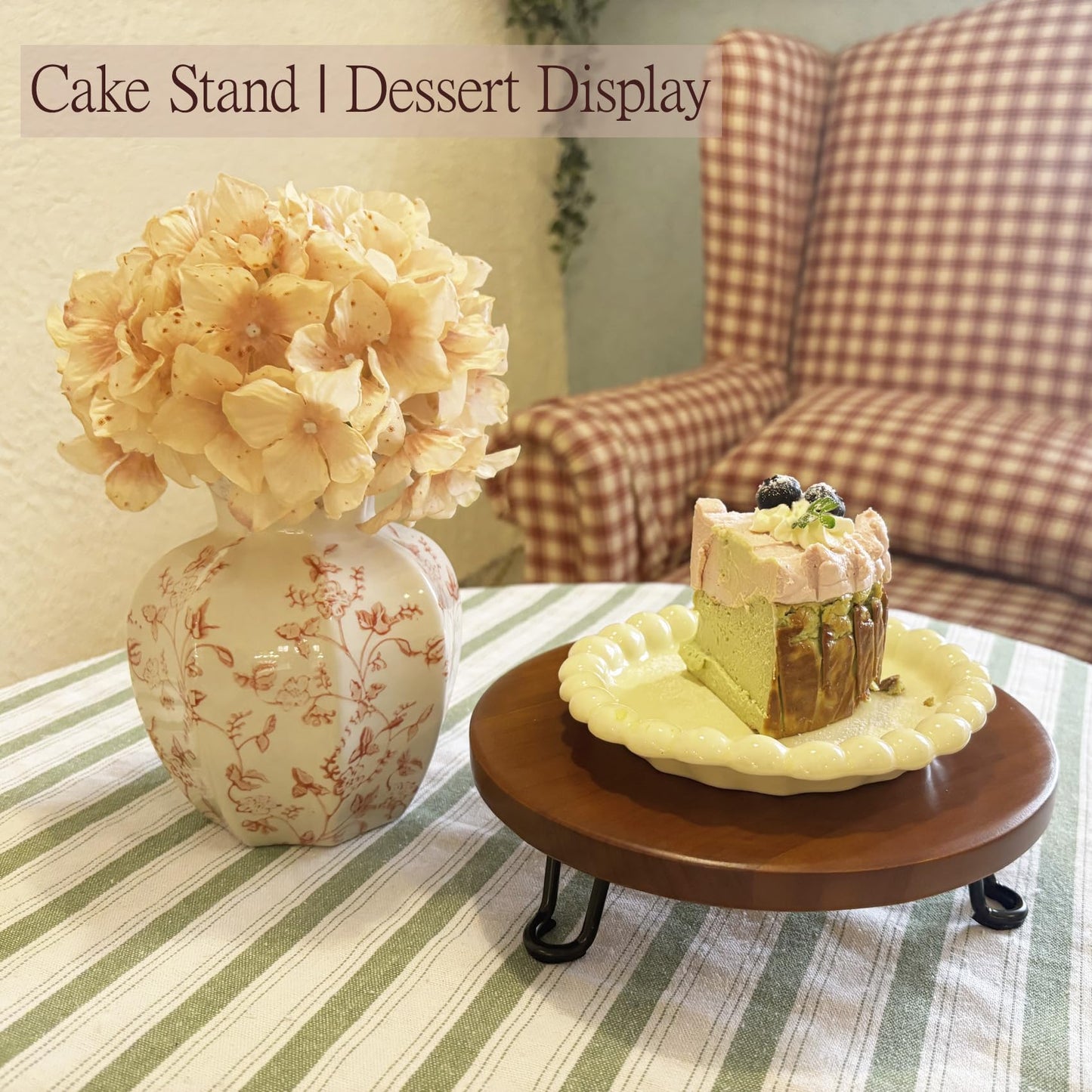 Banrinly 8 Inch Round Wood Riser with Metal Legs - Decorative Pedestal Tray Stand for Countertop Organizer - Farmhouse Boho Style Display Stand for Kitchen, Bathroom, Coffee Bar