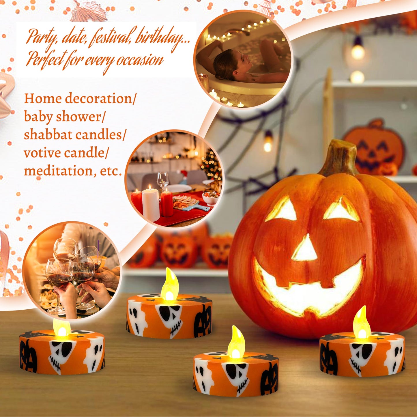 FCMSHAMD Halloween Orange Flameless Tealights Candles with 10-Key Remote Timer Battery Operated, 2.2 Inch Flickering LED Tea Lights Candles for Home Decoration,12 Pack