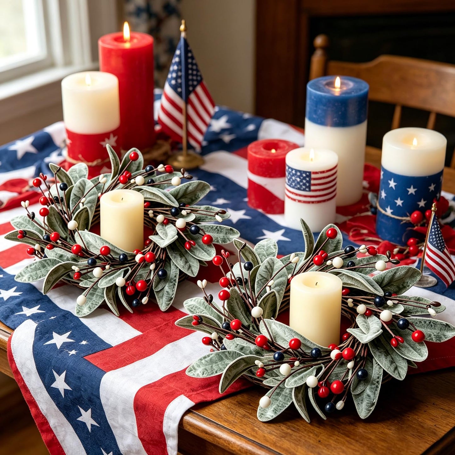 6 PCS Patriotic 4th of July Candle Rings Wreaths Independence Day Candle Rings Holder with Red White Blue Berries & Lamb's Leaves Mini Memorial Day Labor Day Wreath for Home Table Centerpiece Decor