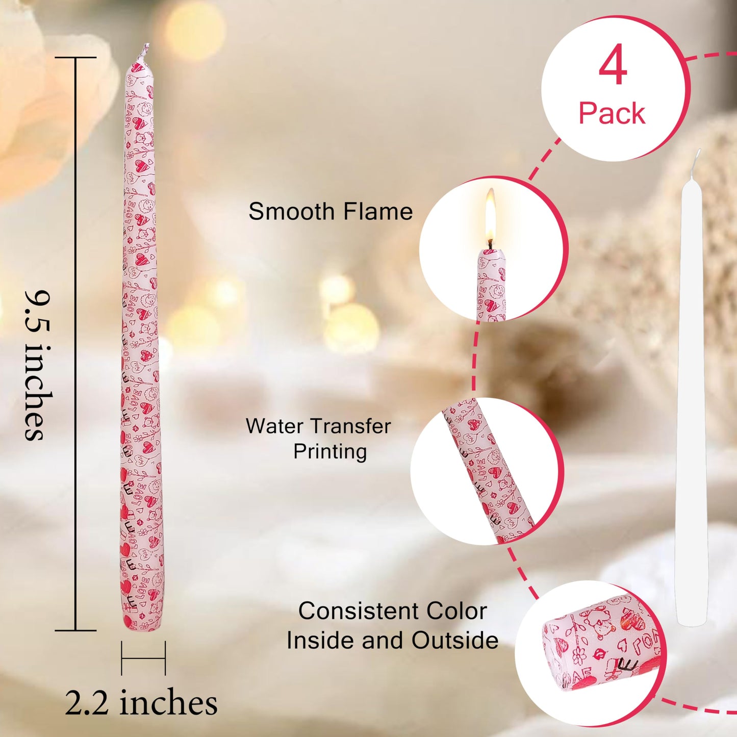 10 Inch Printed Candle Love Pattern Smokeless Unscented Candle Sticks Suitable for Anniversary Express Love Evening Wedding, Bohemian Seaside Theme Home Decor, 4 Pack