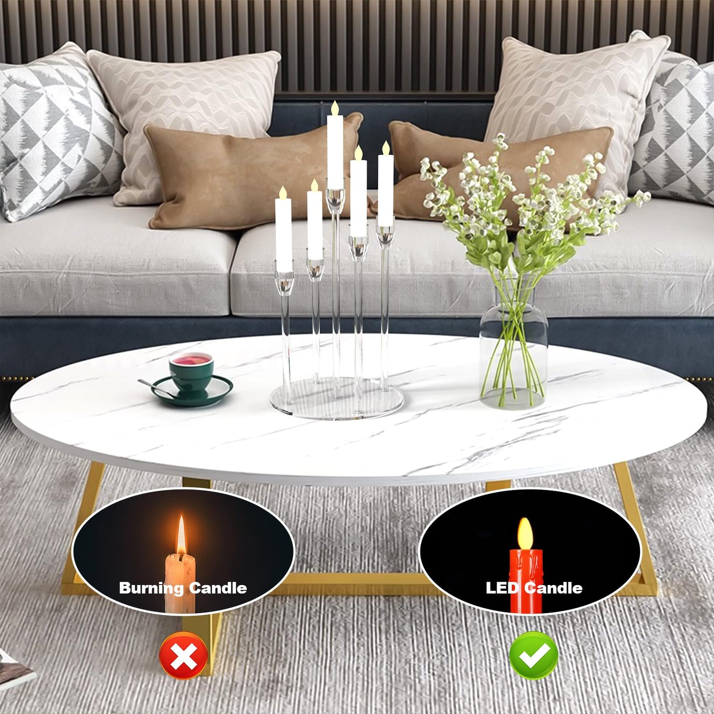 5 Arm Acrylic Candle Holder Stand Elegant Crystal-Clear 3 Tier Stems for Flameless LED Candles Modern Spiral Twist Design, Sturdy 7.09" Round Base Perfect for Weddings & Home Decor (2, Candelabra)