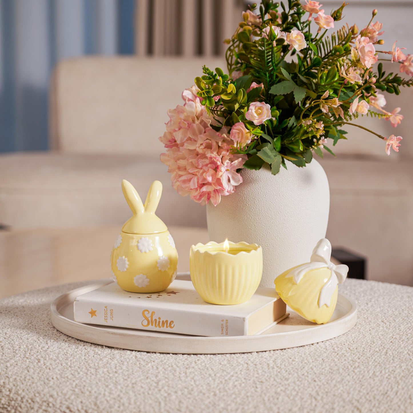 WDS WONDROUS 2-Pack Easter Bunny & Bow Ceramic Jar Candles, Egg Shaped Soy Wax Scented Candles with Daisy and Striped Design, Spring Home Decor Gift Set for Women, Yellow Farmhouse Table Centerpiece