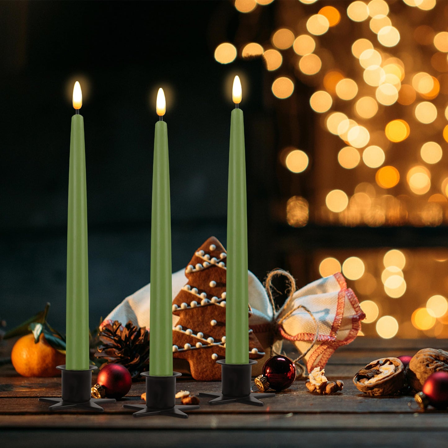 CVHOMEDECO. Flameless Taper Candles with 10-Key Remote, Battery Operated Led Flickering 3D Wick Window Candles Real Wax Finished Home Christmas Party Decor 0.78 x 11 Inch, Pack of 3, Sage Green