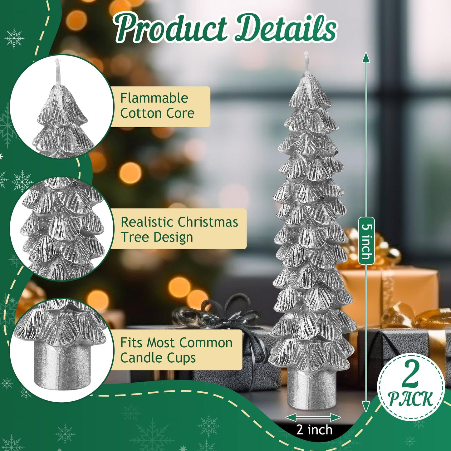 Ceoighe 2 Pack Christmas Tree Candles, 5 Inch Unscented Tree Shaped Taper Beeswax Candles for Christmas Holiday Decor Table Centerpiece Display Party Banquet Gift (Silver)
