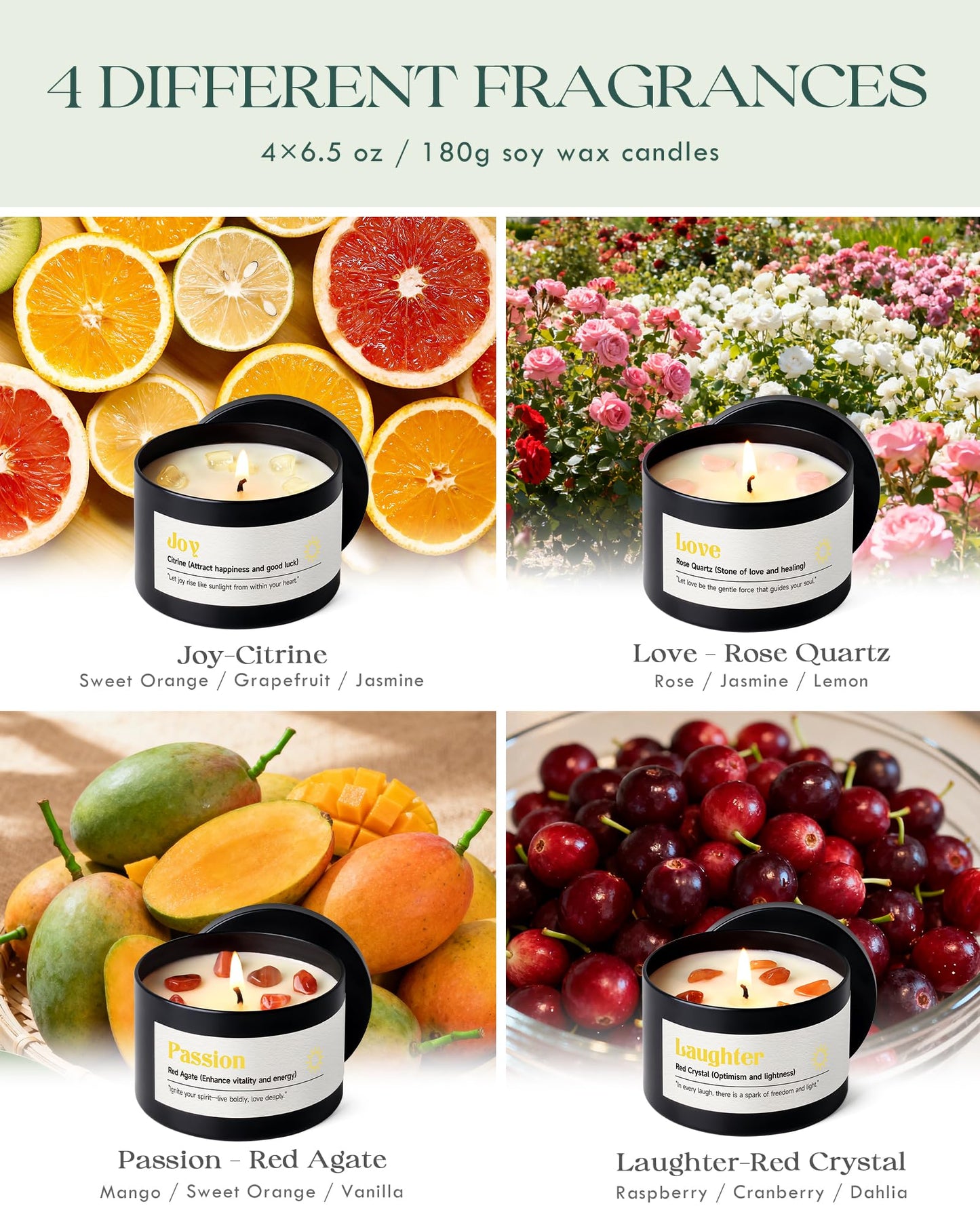 AOOVOO Crystal Energy Candles Set for Women - 4 Pack 26 oz Soy Wax Candles for Home Scented, 200 Hour Long Lasting Candle, Laughter Red Crystal/Love Rose Quartz/Joy Citrine/Passion Red Quartz