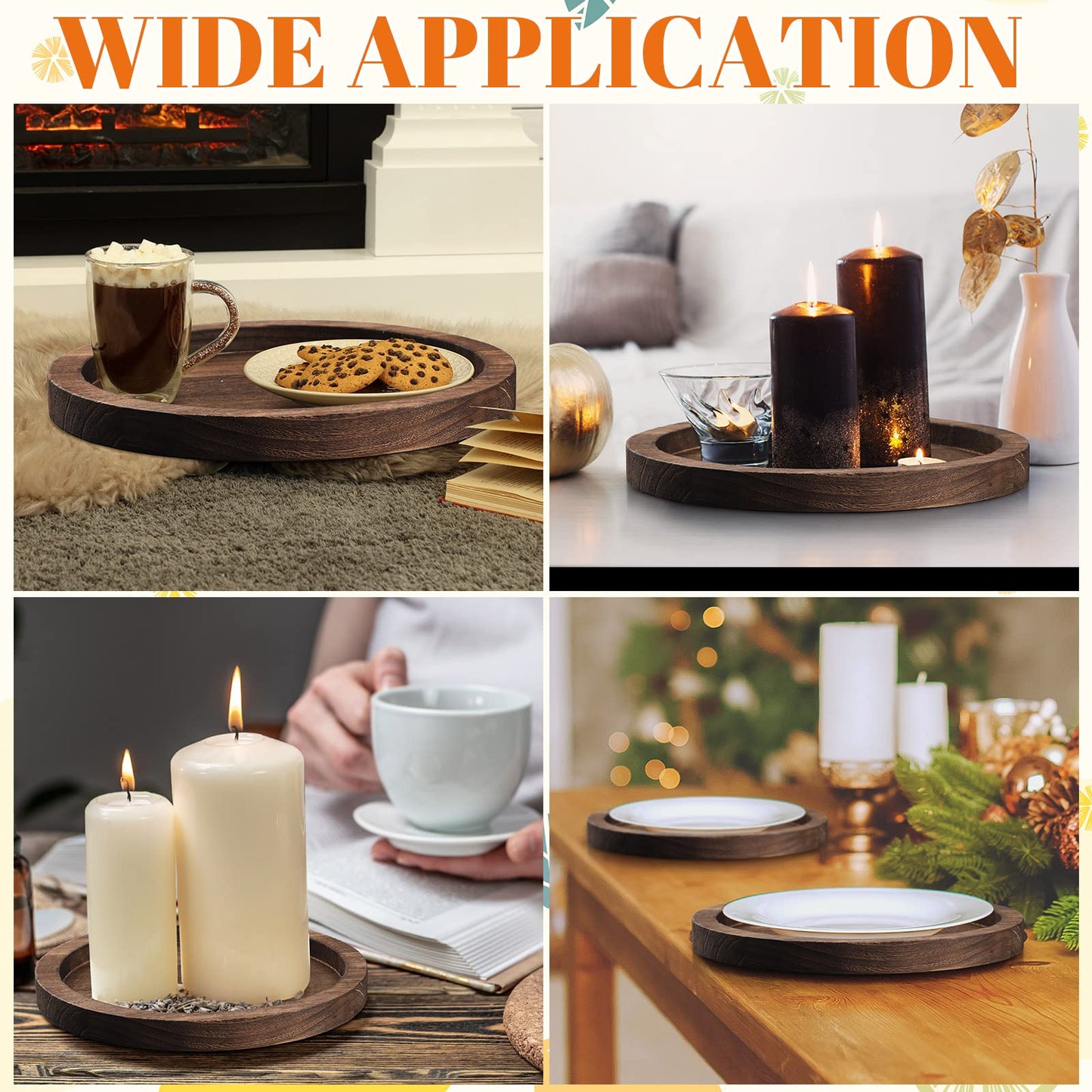 Sintuff 6 Pcs Rustic Wood Decorative Tray Round Wooden Serving Farmhouse Tray Decorative Candle Holder Serving for Kitchen Centerpiece Home Decor(Brown)