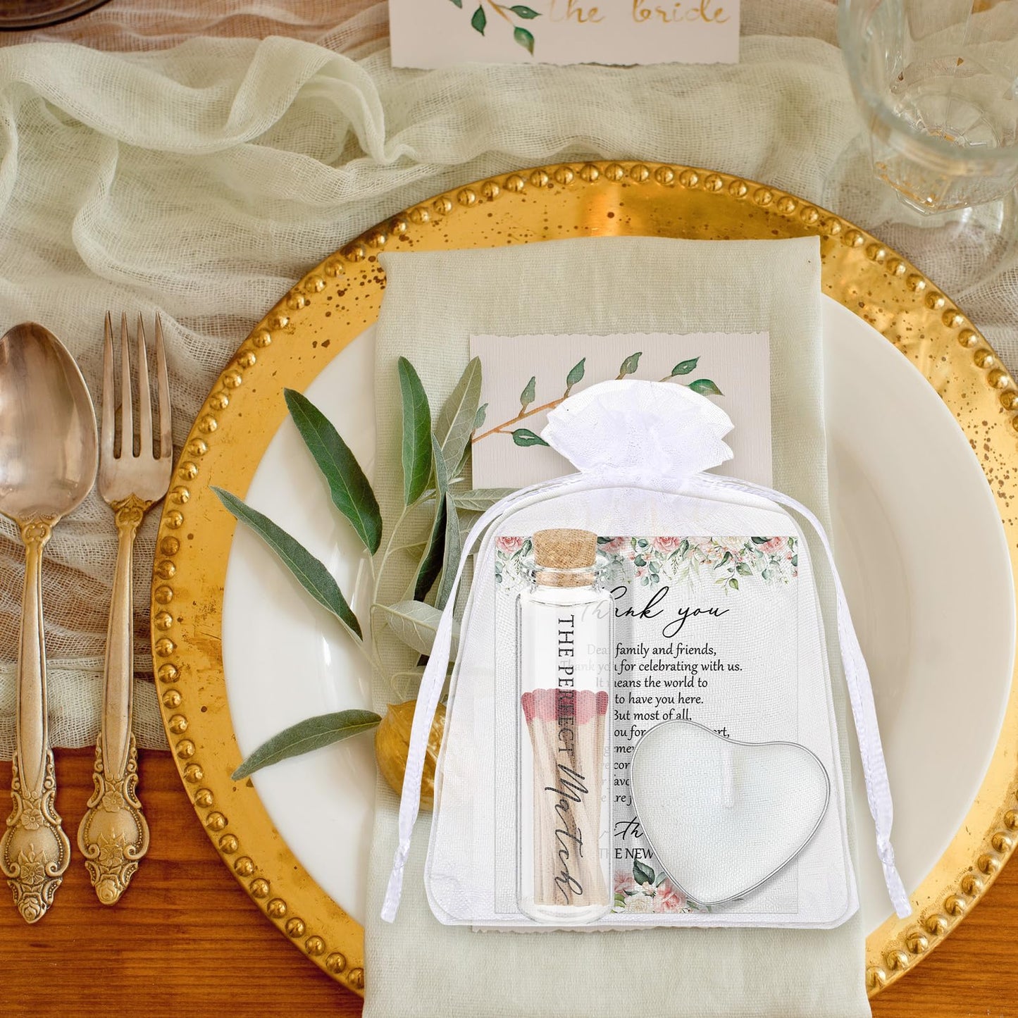 Wovnet 50 Sets Wedding Party Favors for Guests Bulk Including Heart Shaped Candles and Empty Matches Jars with Cork Top Thank You Cards and Organza Bags for Wedding Bridal Shower Party (Flower)