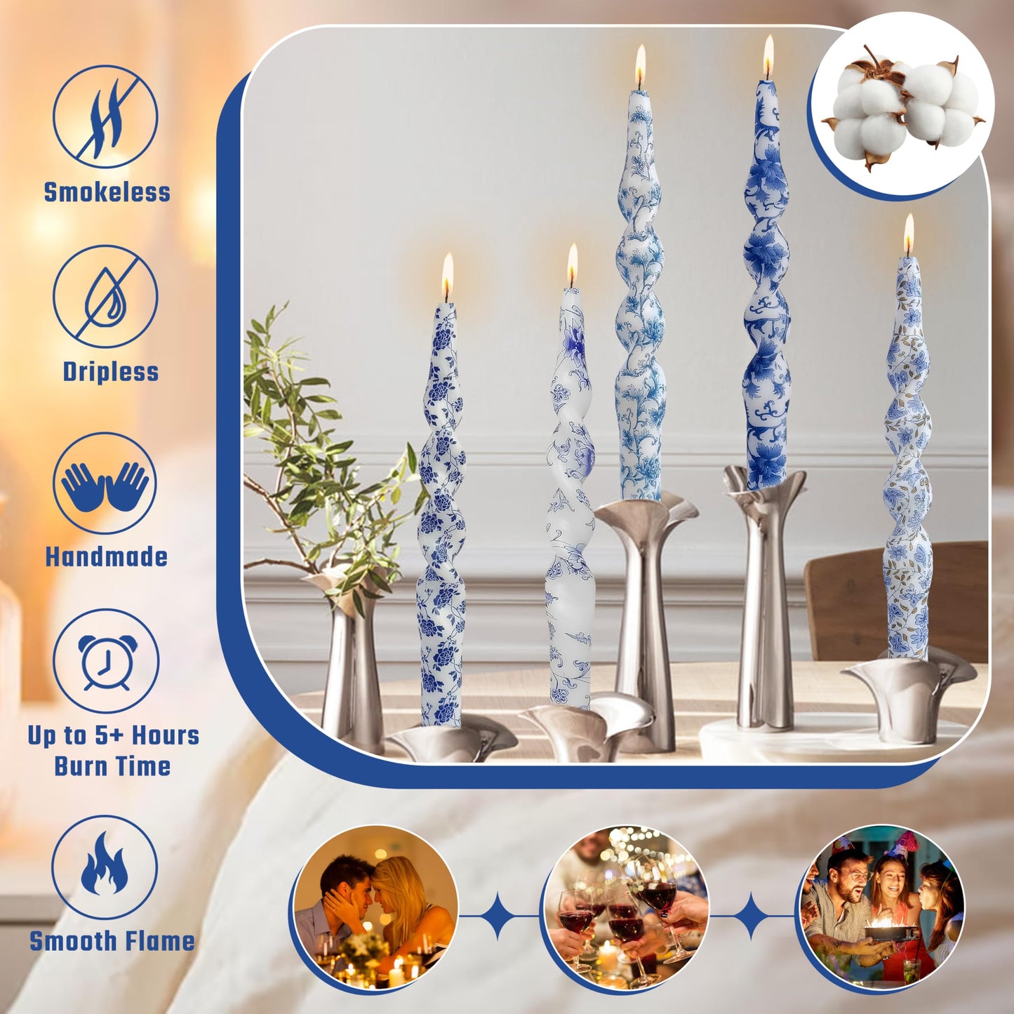 Blue White Porcelain Spiral Candles Sticks Floral Twisted Taper Candles 10 in Hand Printed Taper Candle for Home Garden Decor, 2Pcs