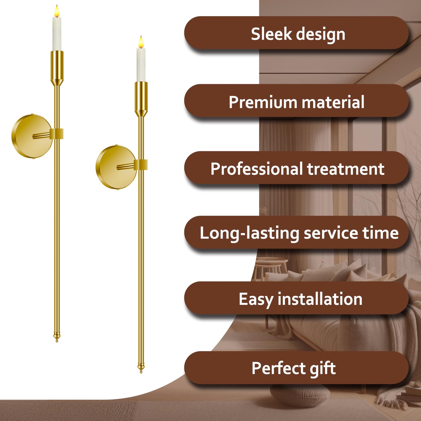 23-inch Large Wall Candle Sconces, Set of 2, Wall Mounted Candle Holder, Modern Chic Home Decor for Bedroom, Dining Room, Living Room (Brass)
