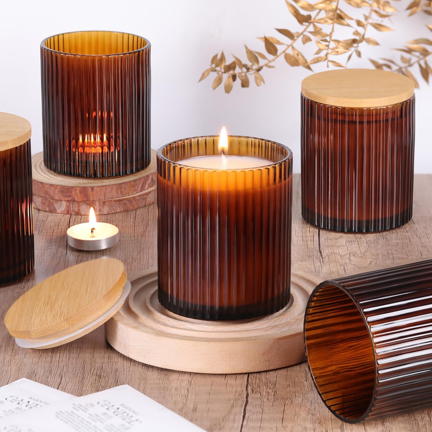 sunnyfuture 10 OZ Amber Candle Jars for Making Candles Set of 8, Ribbed Glass Candle Jars with Wood Lids and Labels, Candle Containers for DIY, Gifts, Home Decoration