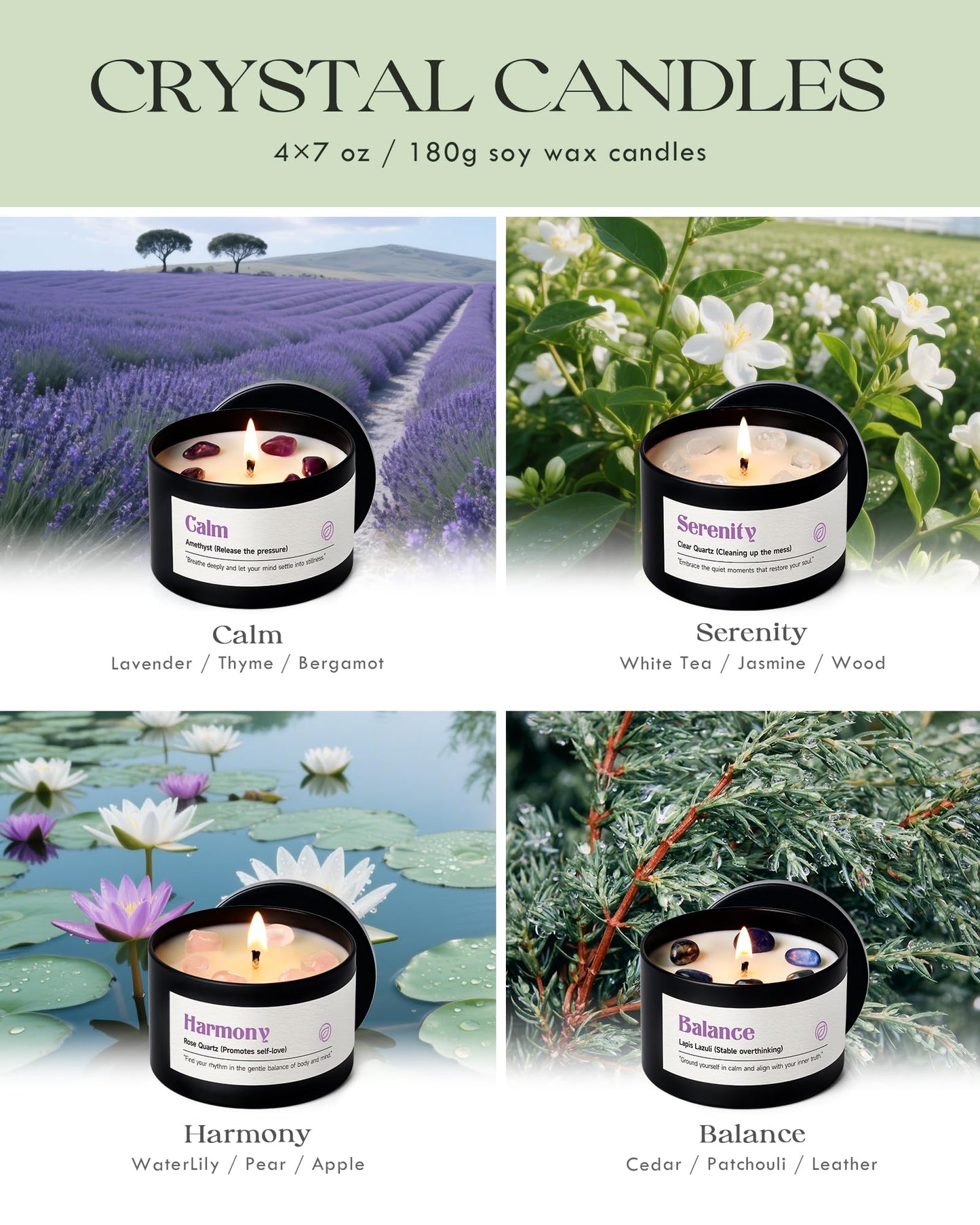AOOVOO Crystal Soothing Candles Set for Women - 4 Pack 26 oz Soy Wax Candle for Home Scented, 200 Hour Long Lasting Candle, Calm Amethyst/Serenity Clear Quartz/Harmony Rose Quartz/Balance Lapis Lazuli