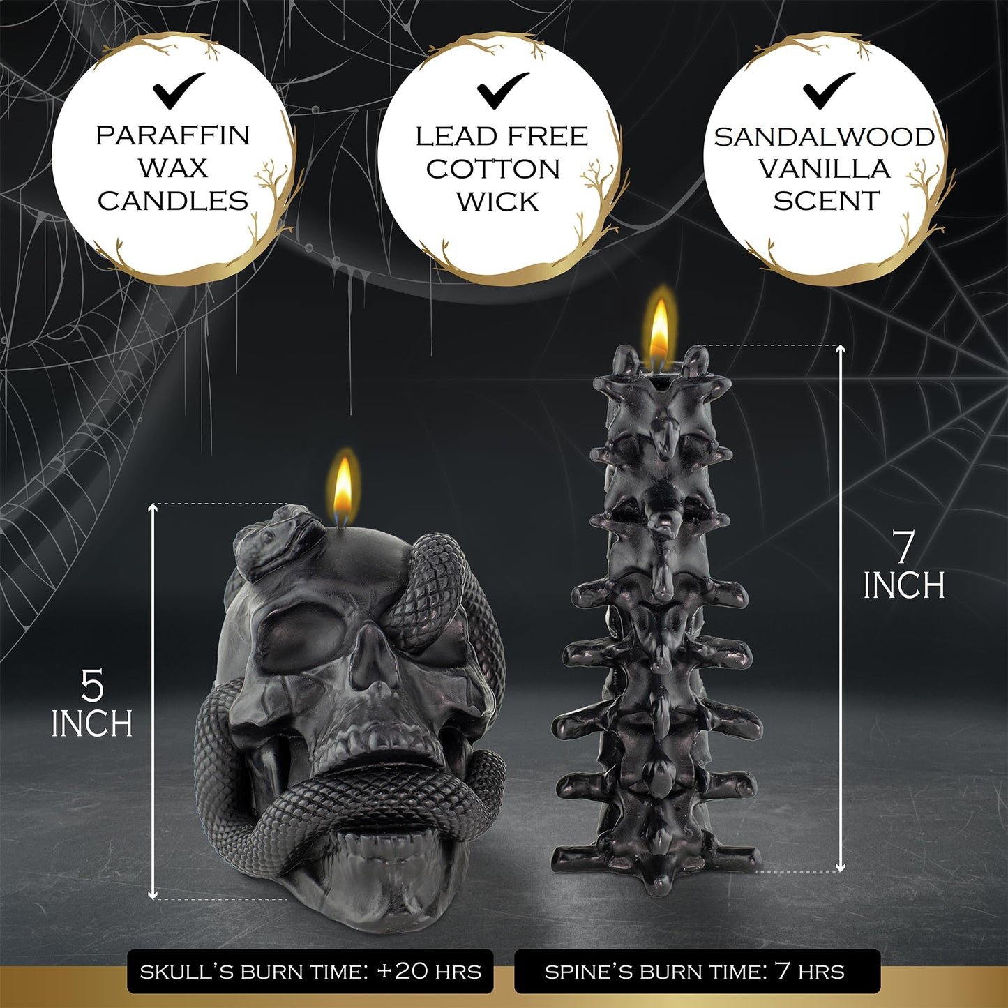 Kobi & Knight Black Skull Candle Set - Goth Candle with Snake and Spine in Coffin Gift Box - Gothic Candles for Spooky Halloween Decorations - Creepy Candles for Goth Decor