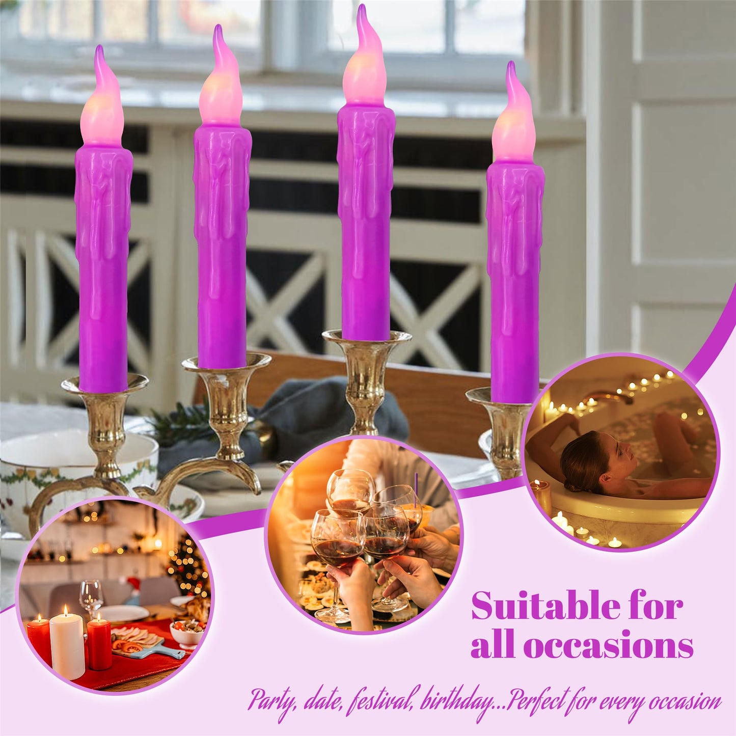 Gedengni Magical Candlesticks Flameless Taper Candle, 4pcs Real Wax LED Tapered Candles Remote Dipped Candle 6inches Battery Chandelier for Enchanting Weddings Harry Potter Inspired Vigils (Purple)