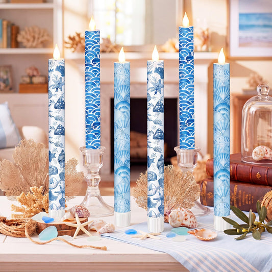Lyrow 6 Pcs Summer Ocean Flameless Taper Candles with Beach Starfish Seashell 11 Inch LED Candles Flickering Battery Operated Candlesticks for Birthday Seaside Shower Party Summer Table Decor